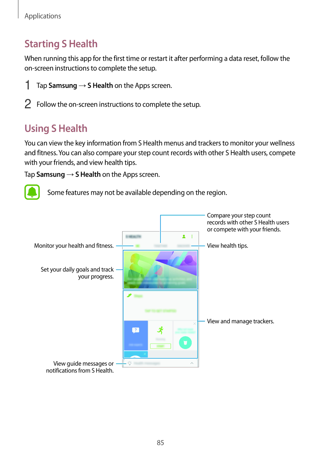 Samsung SM-A710FZKFXXV, SM-A710FZKAKSA, SM-A710FZDFKSA, SM-A710FZKFKSA, SM-A710FZWFKSA manual Starting S Health, Using S Health 