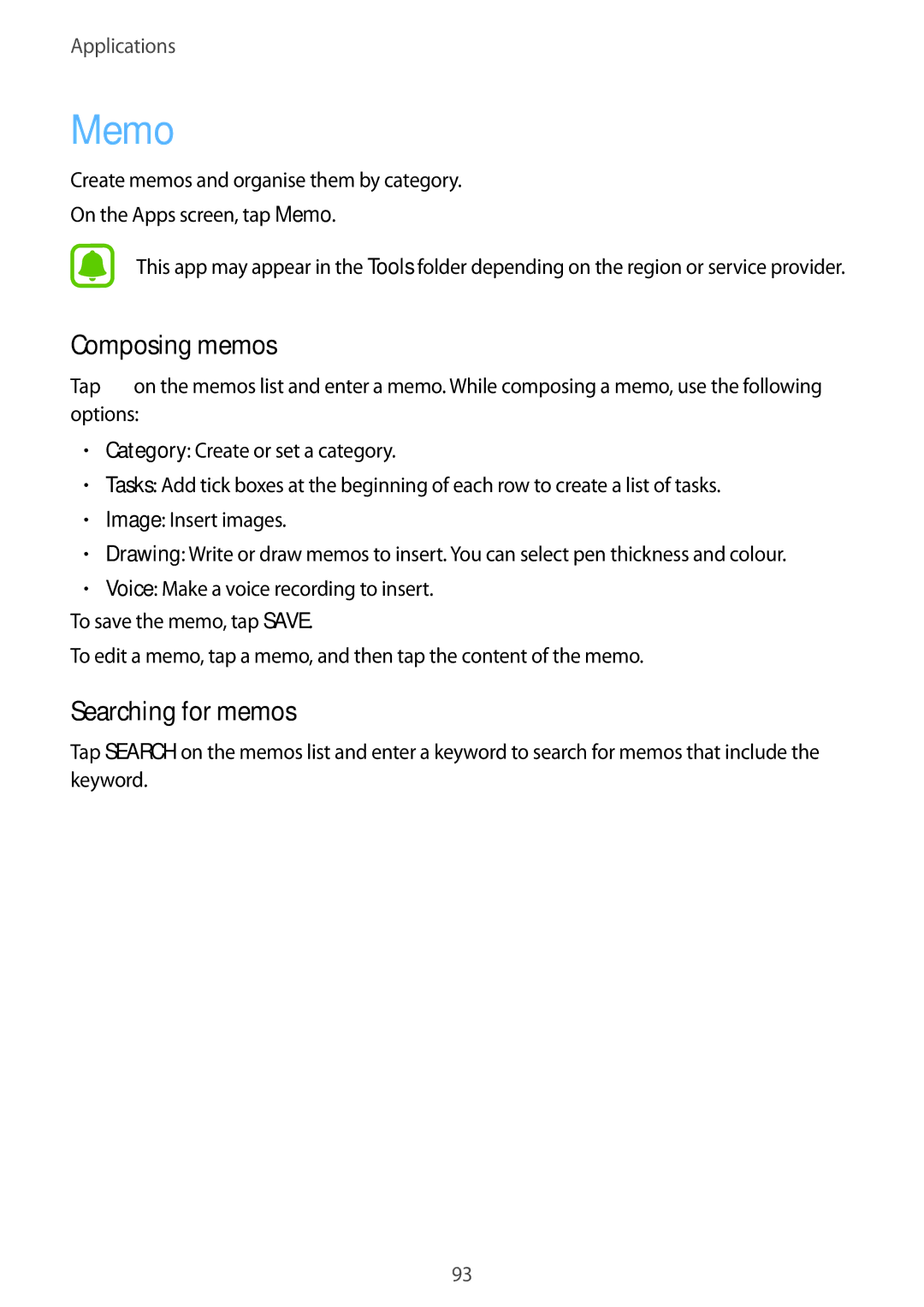 Samsung SM-A710FZKFXXV, SM-A710FZKAKSA, SM-A710FZDFKSA, SM-A710FZKFKSA manual Memo, Composing memos, Searching for memos 