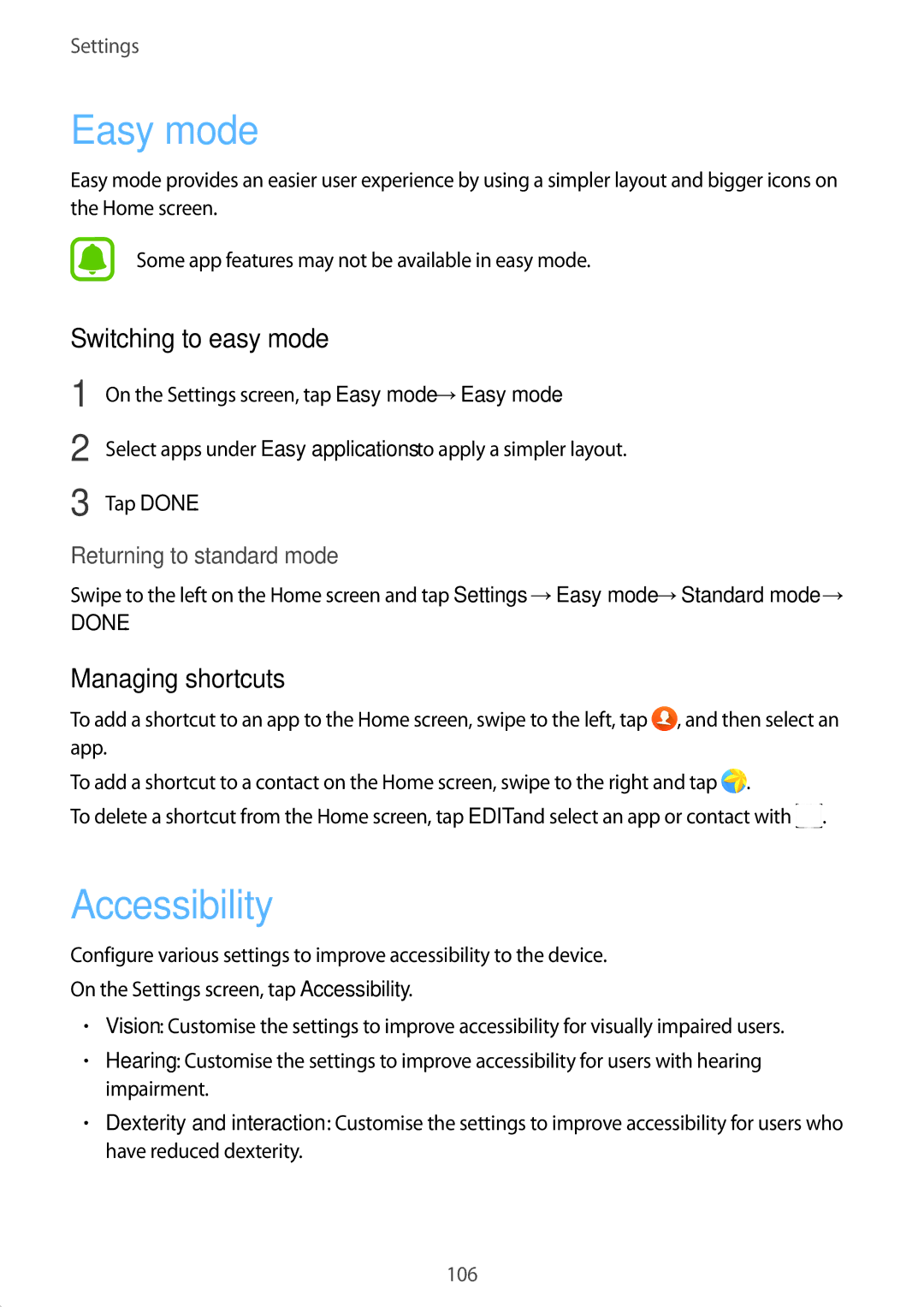 Samsung SM-A710FZKAKSA, SM-A710FZKAILO manual Easy mode, Accessibility, Switching to easy mode, Managing shortcuts 