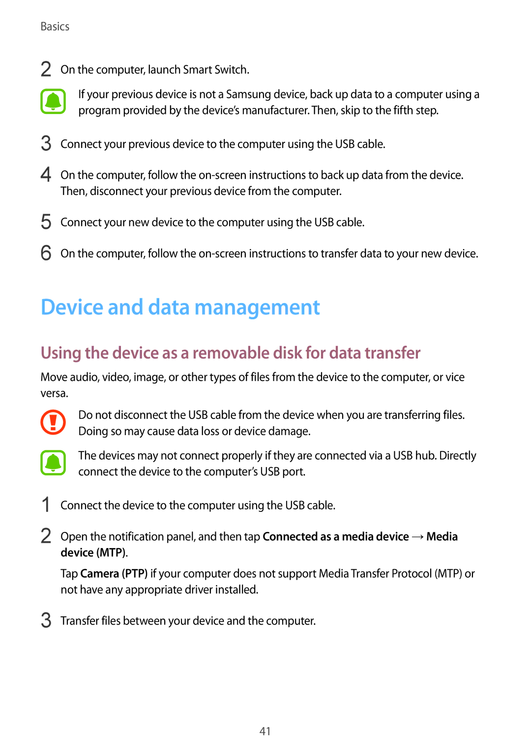 Samsung SM-A710FZKAILO Device and data management, Using the device as a removable disk for data transfer, Device MTP 