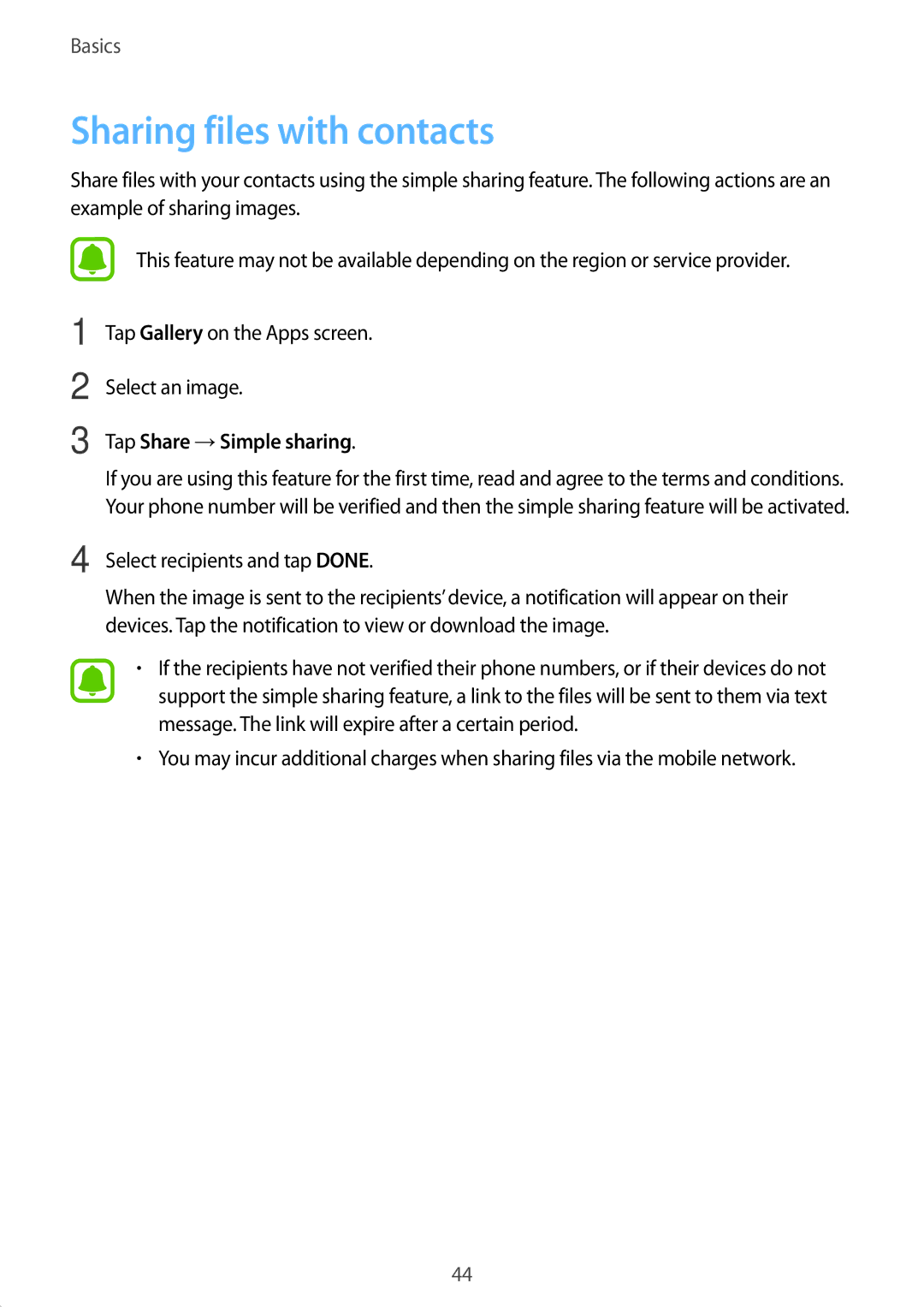 Samsung SM-A710FZKAKSA, SM-A710FZKAILO manual Sharing files with contacts, Tap Share →Simple sharing 