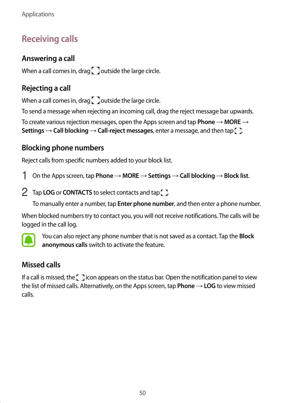 Samsung SM-A710FZKAKSA manual Receiving calls, Answering a call, Rejecting a call, Blocking phone numbers, Missed calls 