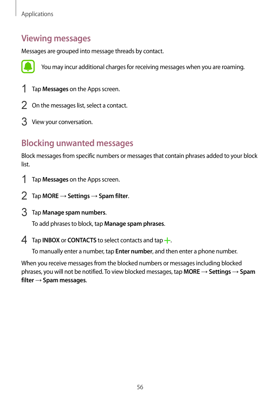 Samsung SM-A710FZKAKSA, SM-A710FZKAILO manual Viewing messages, Blocking unwanted messages 