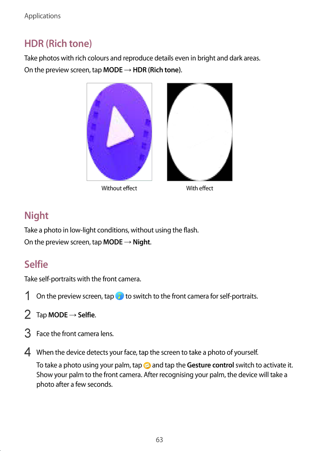 Samsung SM-A710FZKAILO, SM-A710FZKAKSA manual HDR Rich tone, Night, Tap Mode →Selfie 