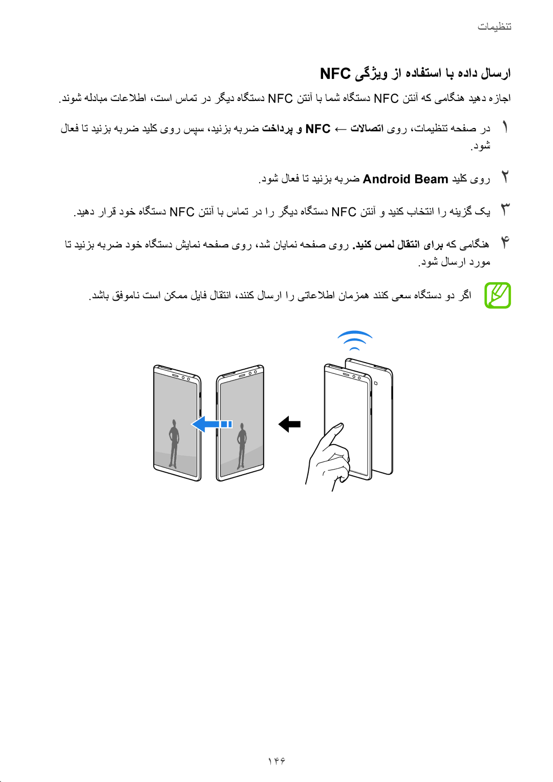 Samsung SM-A730FZVGKSA manual Nfc یگژیو زا هدافتسا اب هداد لاسرا, 146, دوش دوش لاعف ات دینزب هبرض Android Beam دیلک یور2 