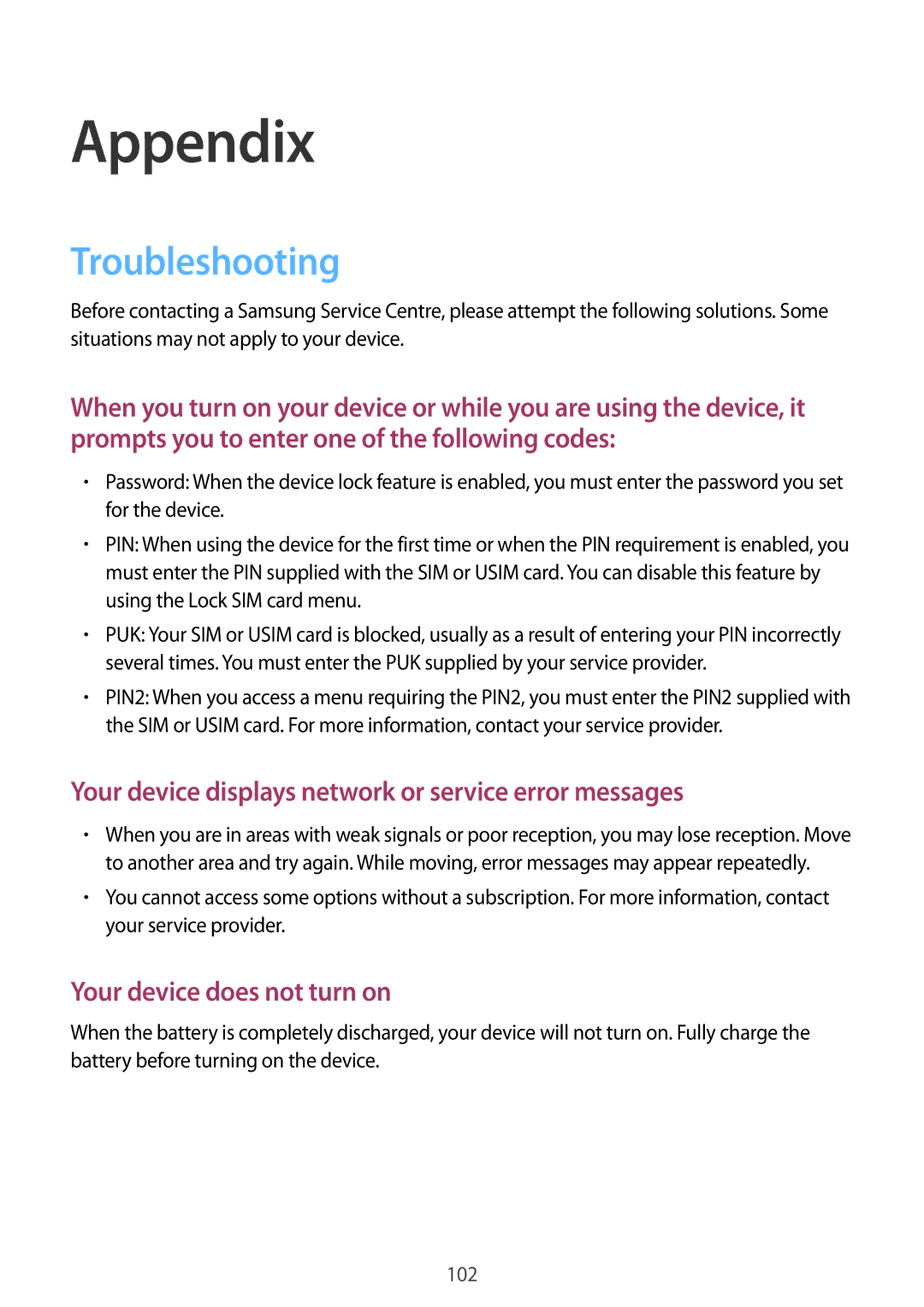 Samsung SM-A800FZDEKSA, SM-A800FZDEXXV, SM-A800FZWEXXV manual Appendix, Troubleshooting 