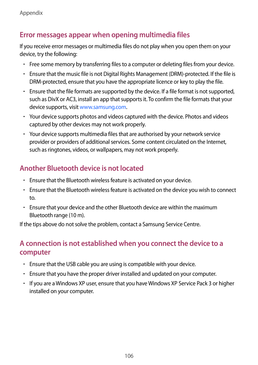 Samsung SM-A800FZDEXXV, SM-A800FZDEKSA, SM-A800FZWEXXV manual Error messages appear when opening multimedia files 