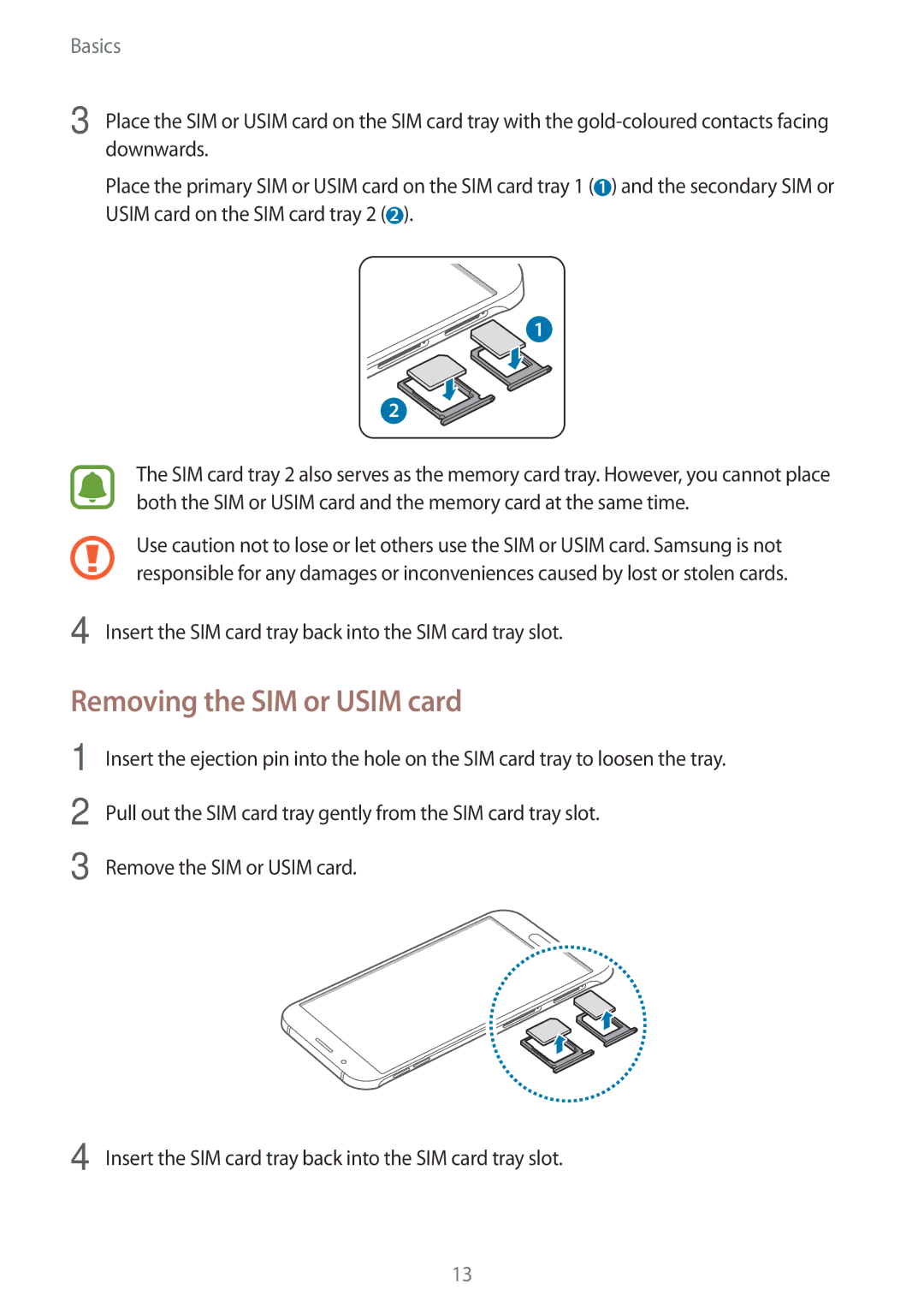 Samsung SM-A800FZDEXXV, SM-A800FZDEKSA, SM-A800FZWEXXV manual Removing the SIM or Usim card 