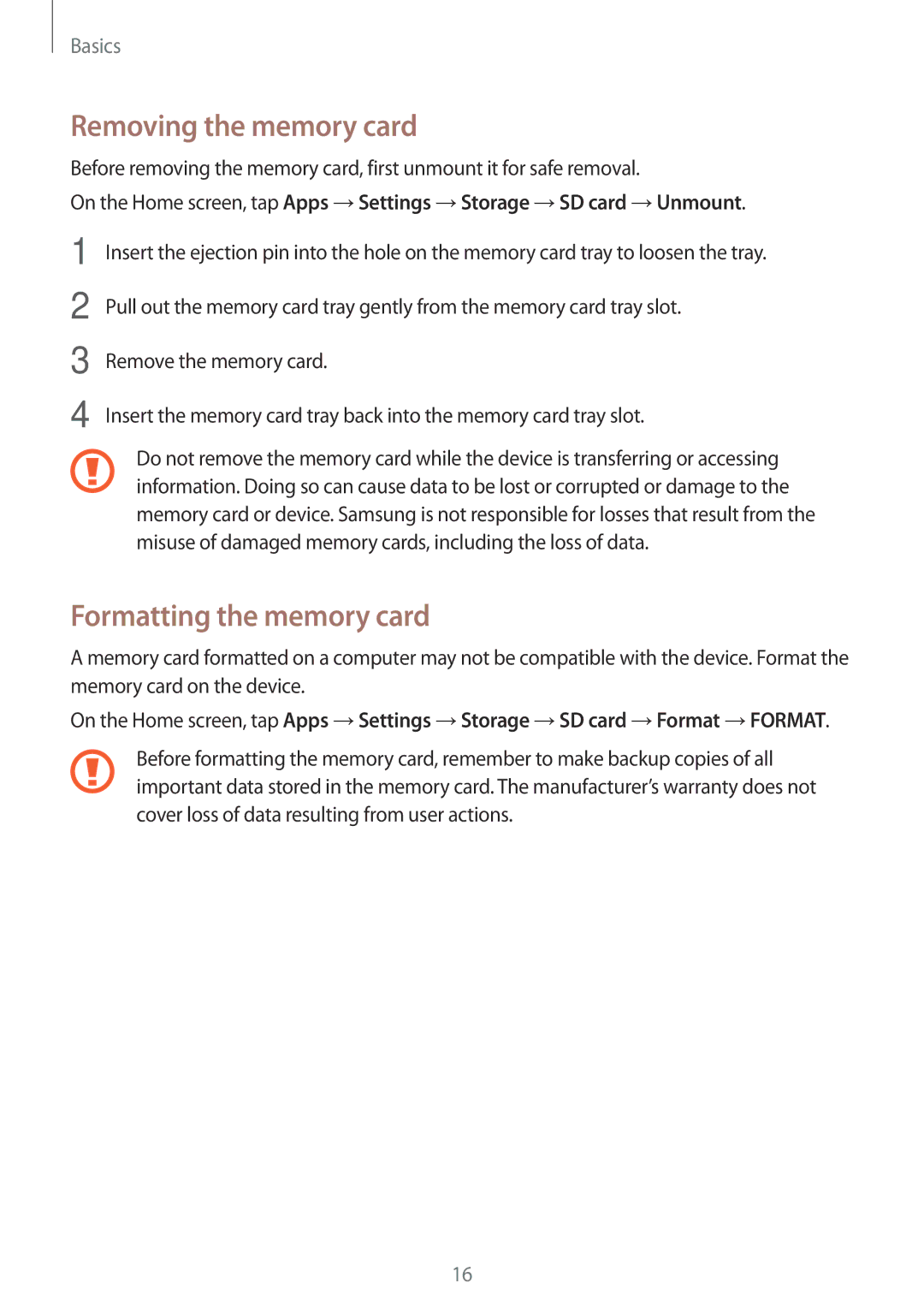 Samsung SM-A800FZDEXXV, SM-A800FZDEKSA, SM-A800FZWEXXV manual Removing the memory card, Formatting the memory card 