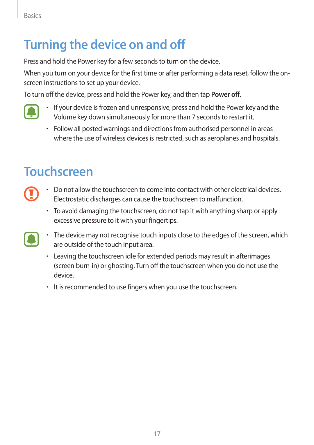 Samsung SM-A800FZWEXXV, SM-A800FZDEKSA, SM-A800FZDEXXV manual Turning the device on and off, Touchscreen 