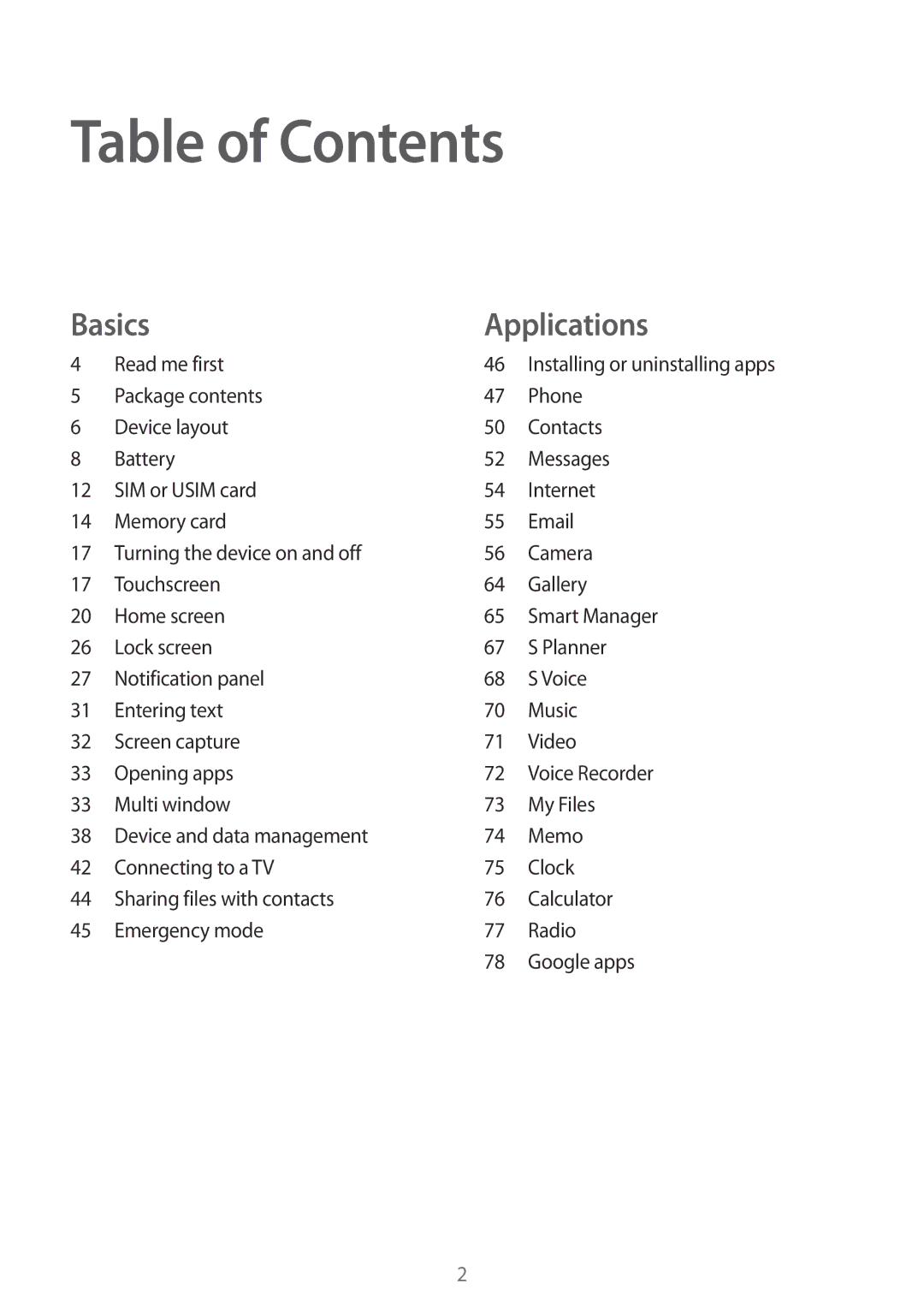 Samsung SM-A800FZWEXXV, SM-A800FZDEKSA, SM-A800FZDEXXV manual Table of Contents 