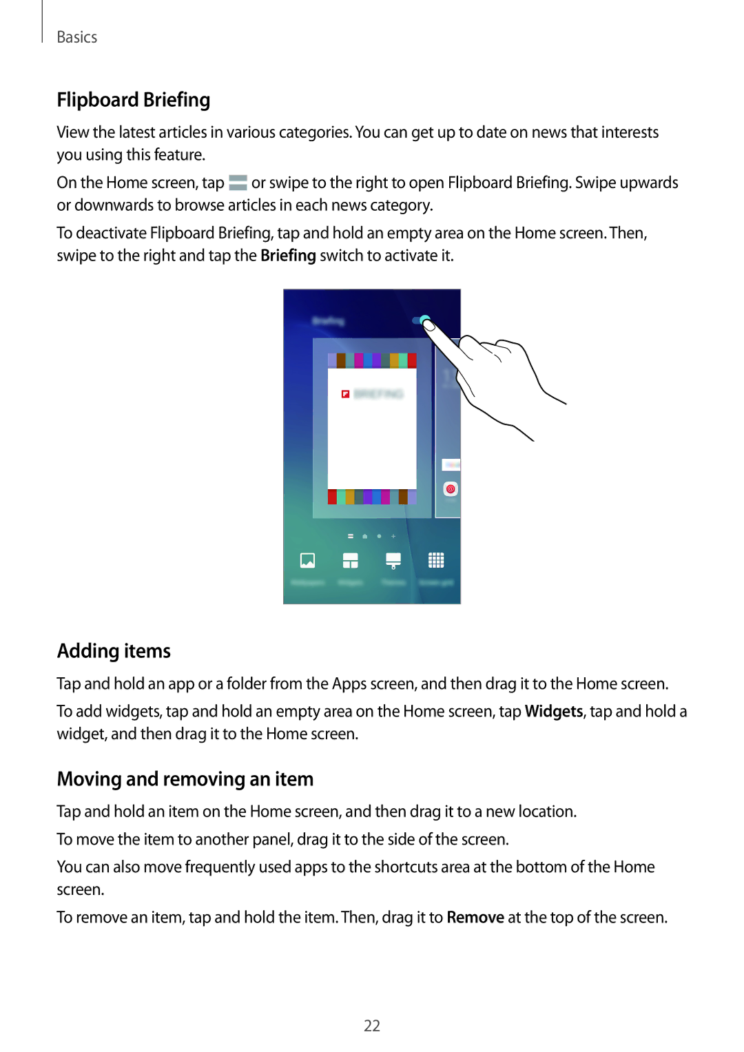 Samsung SM-A800FZDEXXV, SM-A800FZDEKSA, SM-A800FZWEXXV manual Flipboard Briefing, Adding items, Moving and removing an item 