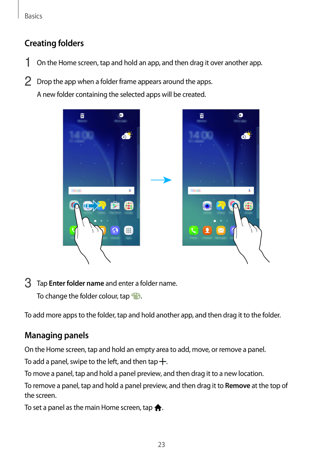 Samsung SM-A800FZWEXXV, SM-A800FZDEKSA, SM-A800FZDEXXV manual Creating folders, Managing panels 