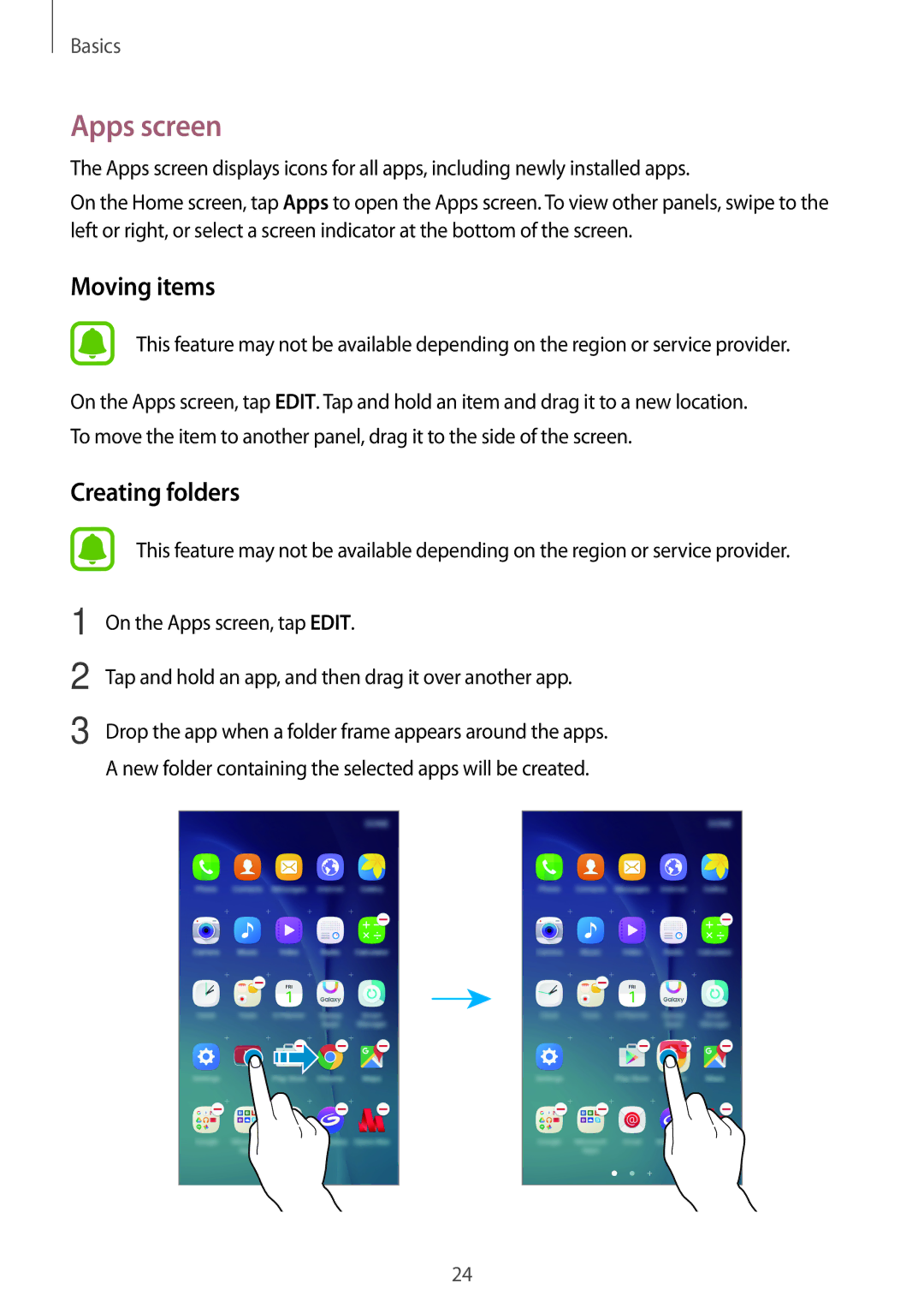 Samsung SM-A800FZDEKSA, SM-A800FZDEXXV, SM-A800FZWEXXV manual Apps screen, Moving items 
