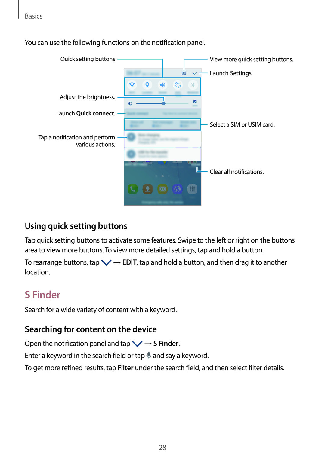 Samsung SM-A800FZDEXXV, SM-A800FZDEKSA manual Finder, Using quick setting buttons, Searching for content on the device 
