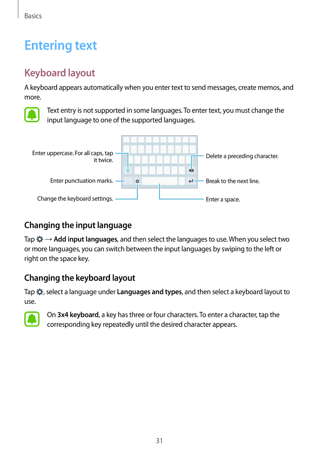 Samsung SM-A800FZDEXXV manual Entering text, Keyboard layout, Changing the input language, Changing the keyboard layout 