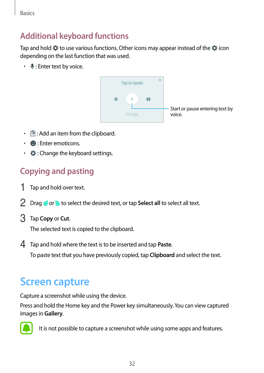 Samsung SM-A800FZWEXXV, SM-A800FZDEKSA, SM-A800FZDEXXV Screen capture, Additional keyboard functions, Copying and pasting 
