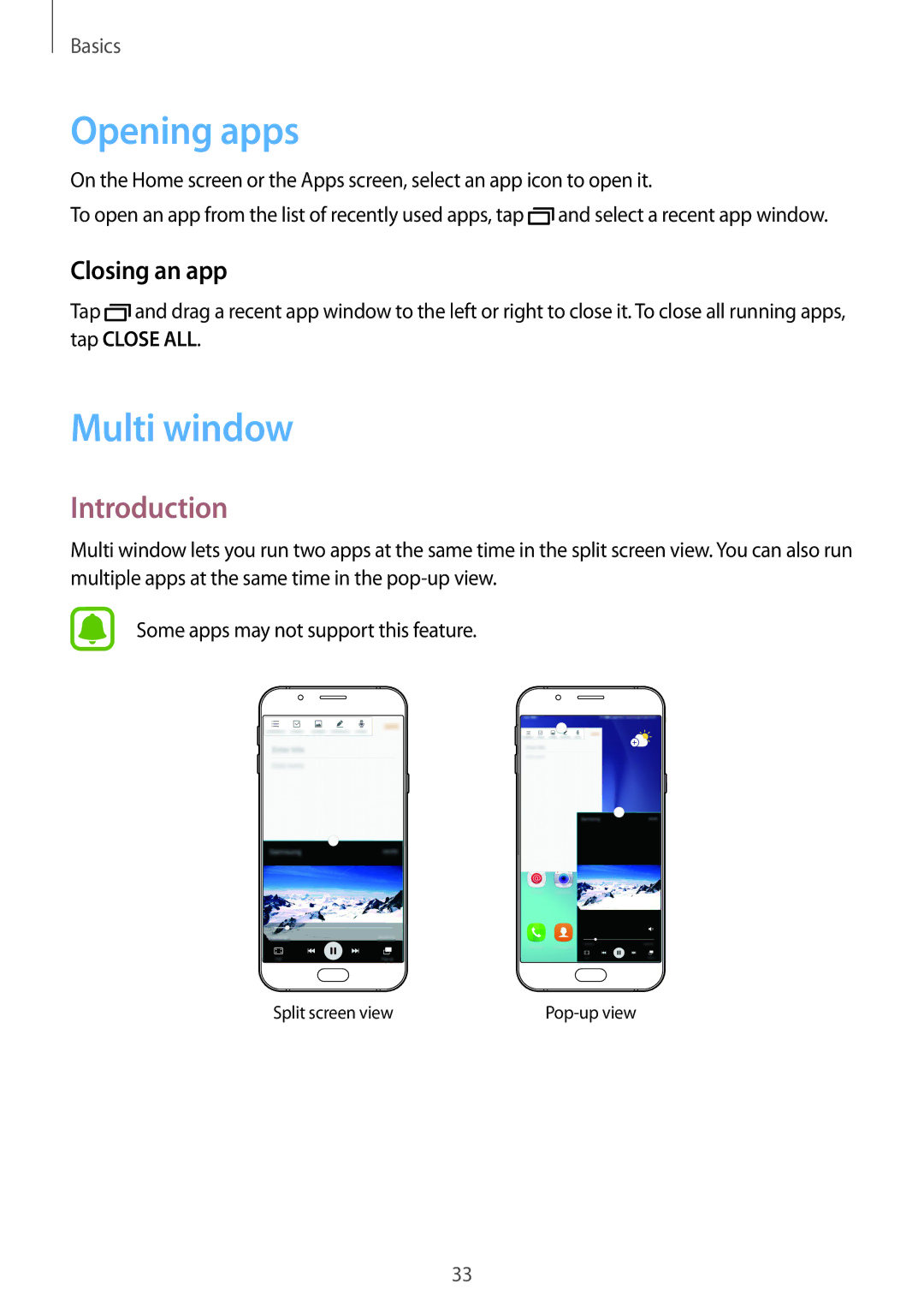 Samsung SM-A800FZDEKSA, SM-A800FZDEXXV, SM-A800FZWEXXV manual Opening apps, Multi window, Introduction, Closing an app 