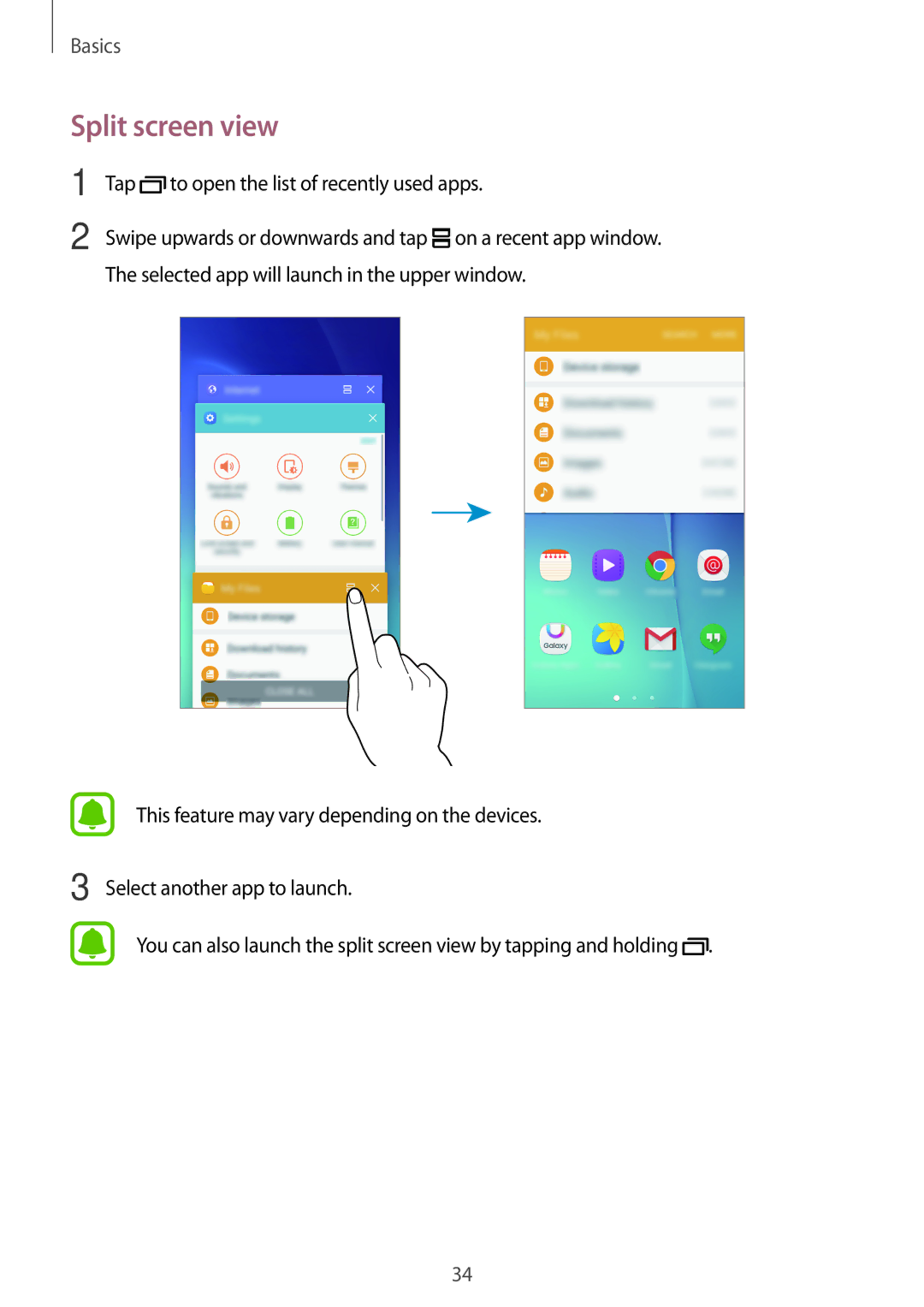 Samsung SM-A800FZDEXXV, SM-A800FZDEKSA, SM-A800FZWEXXV manual Split screen view, Tap to open the list of recently used apps 