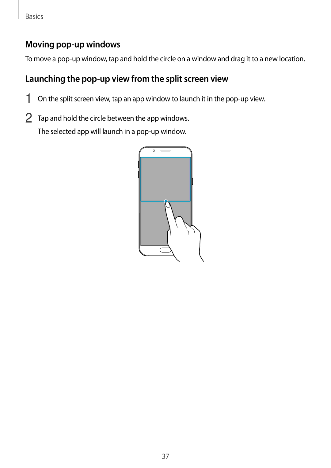 Samsung SM-A800FZDEXXV, SM-A800FZDEKSA manual Moving pop-up windows, Launching the pop-up view from the split screen view 