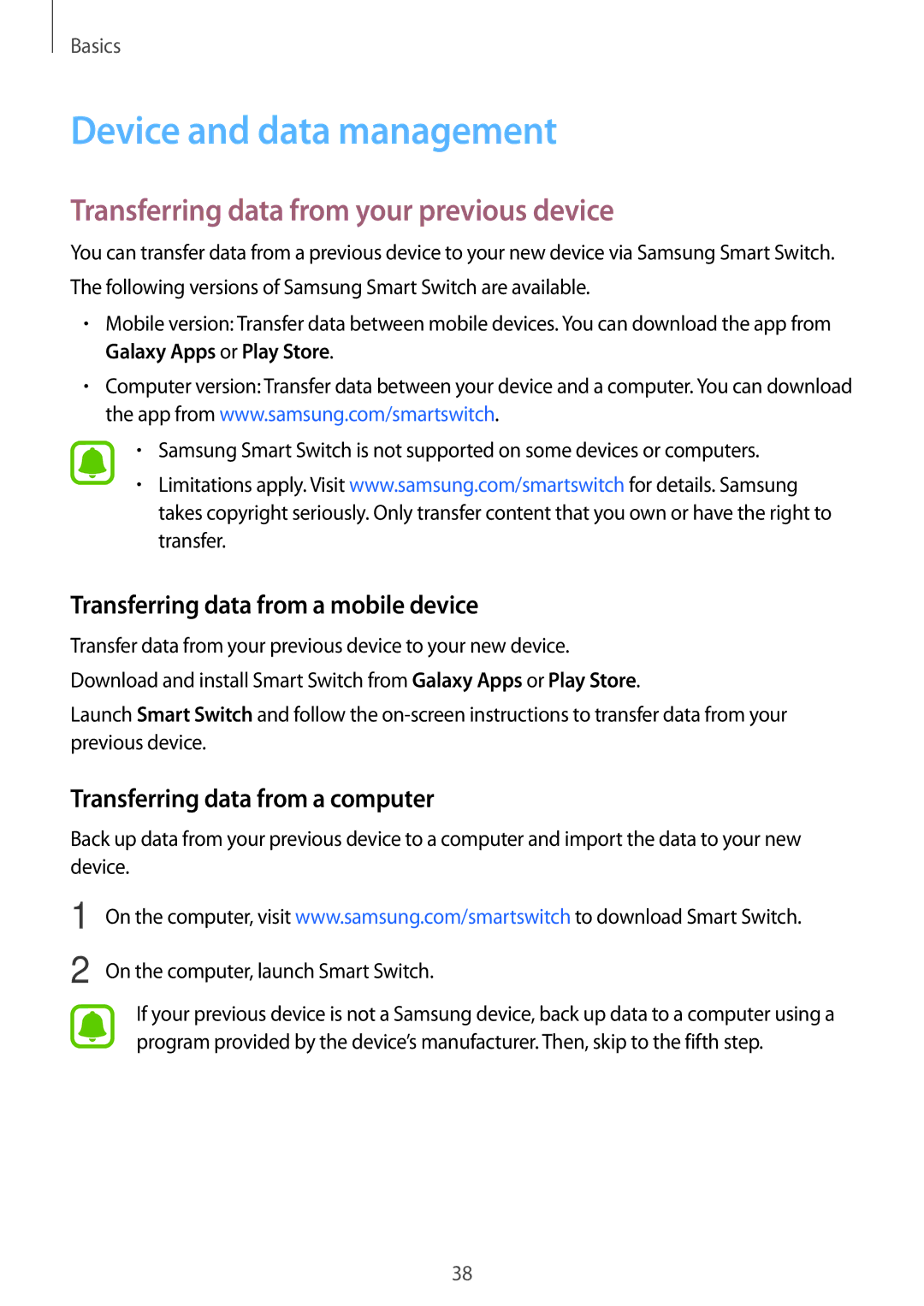 Samsung SM-A800FZWEXXV, SM-A800FZDEKSA manual Device and data management, Transferring data from your previous device 