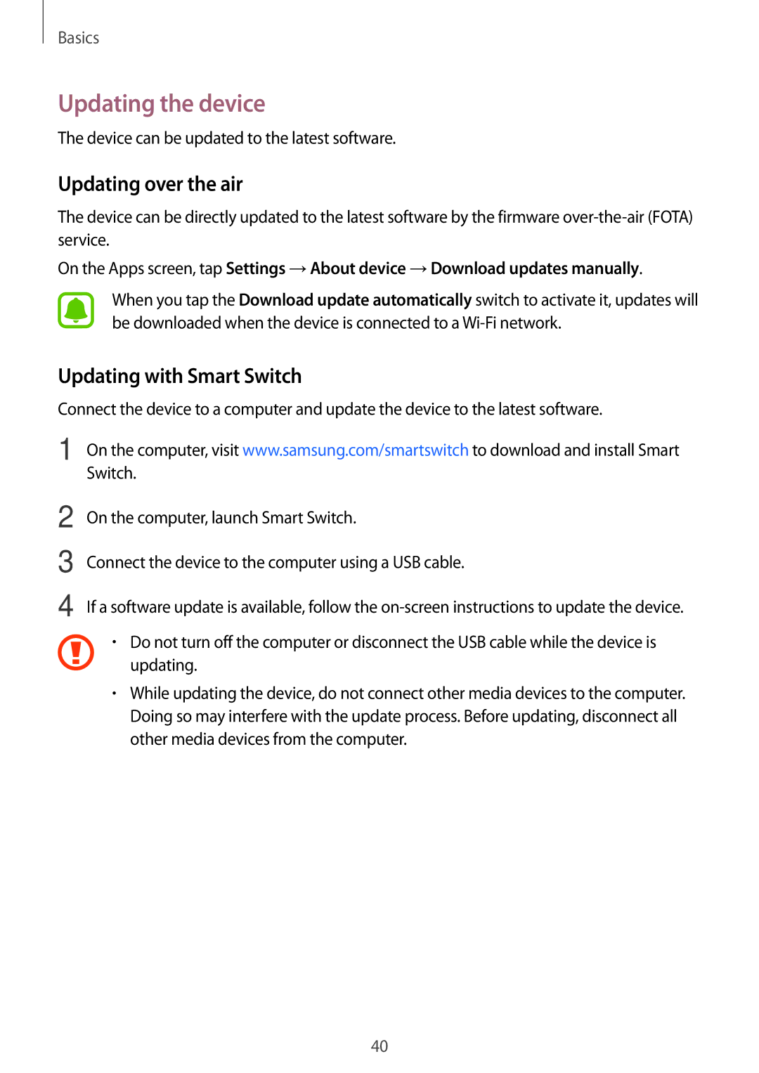 Samsung SM-A800FZDEXXV, SM-A800FZDEKSA manual Updating the device, Updating over the air, Updating with Smart Switch 