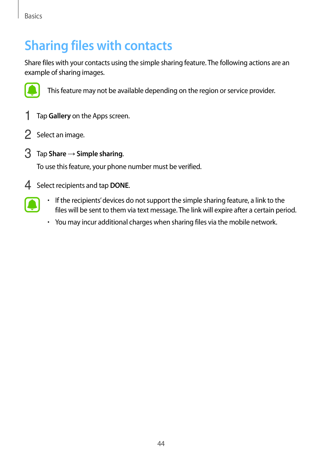 Samsung SM-A800FZWEXXV, SM-A800FZDEKSA, SM-A800FZDEXXV manual Sharing files with contacts, Tap Share →Simple sharing 