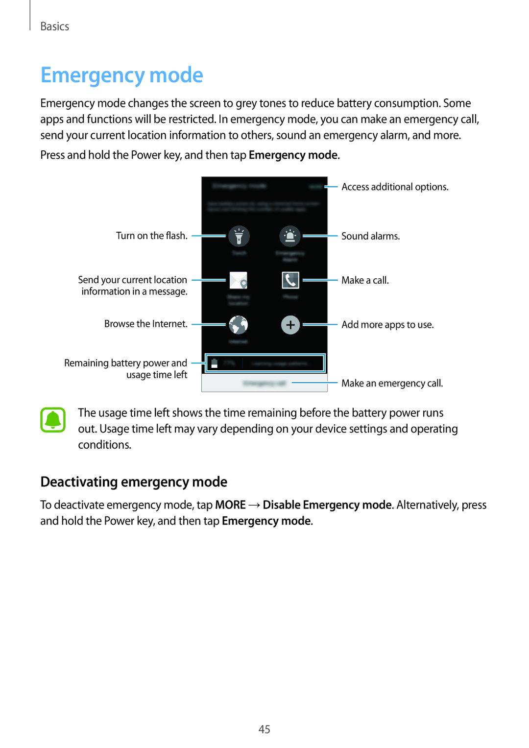 Samsung SM-A800FZDEKSA, SM-A800FZDEXXV, SM-A800FZWEXXV manual Emergency mode, Deactivating emergency mode 