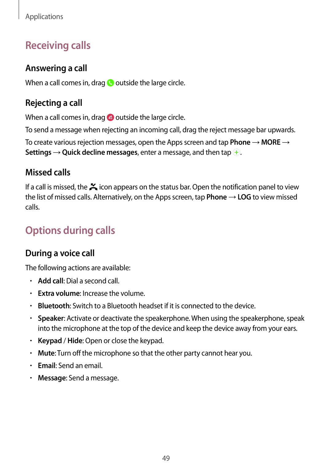 Samsung SM-A800FZDEXXV, SM-A800FZDEKSA, SM-A800FZWEXXV manual Receiving calls, Options during calls 