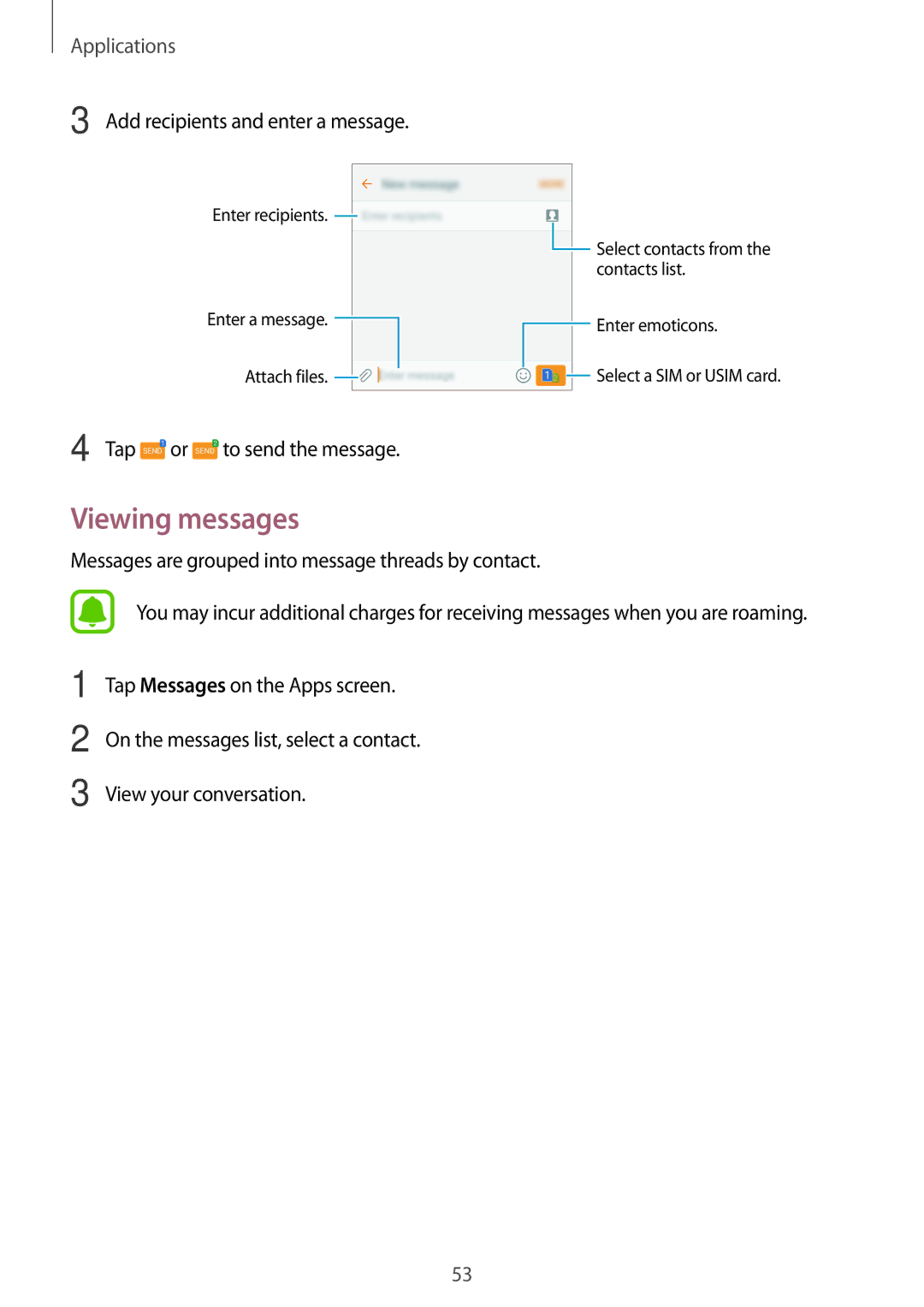 Samsung SM-A800FZWEXXV, SM-A800FZDEKSA, SM-A800FZDEXXV manual Viewing messages, Add recipients and enter a message 