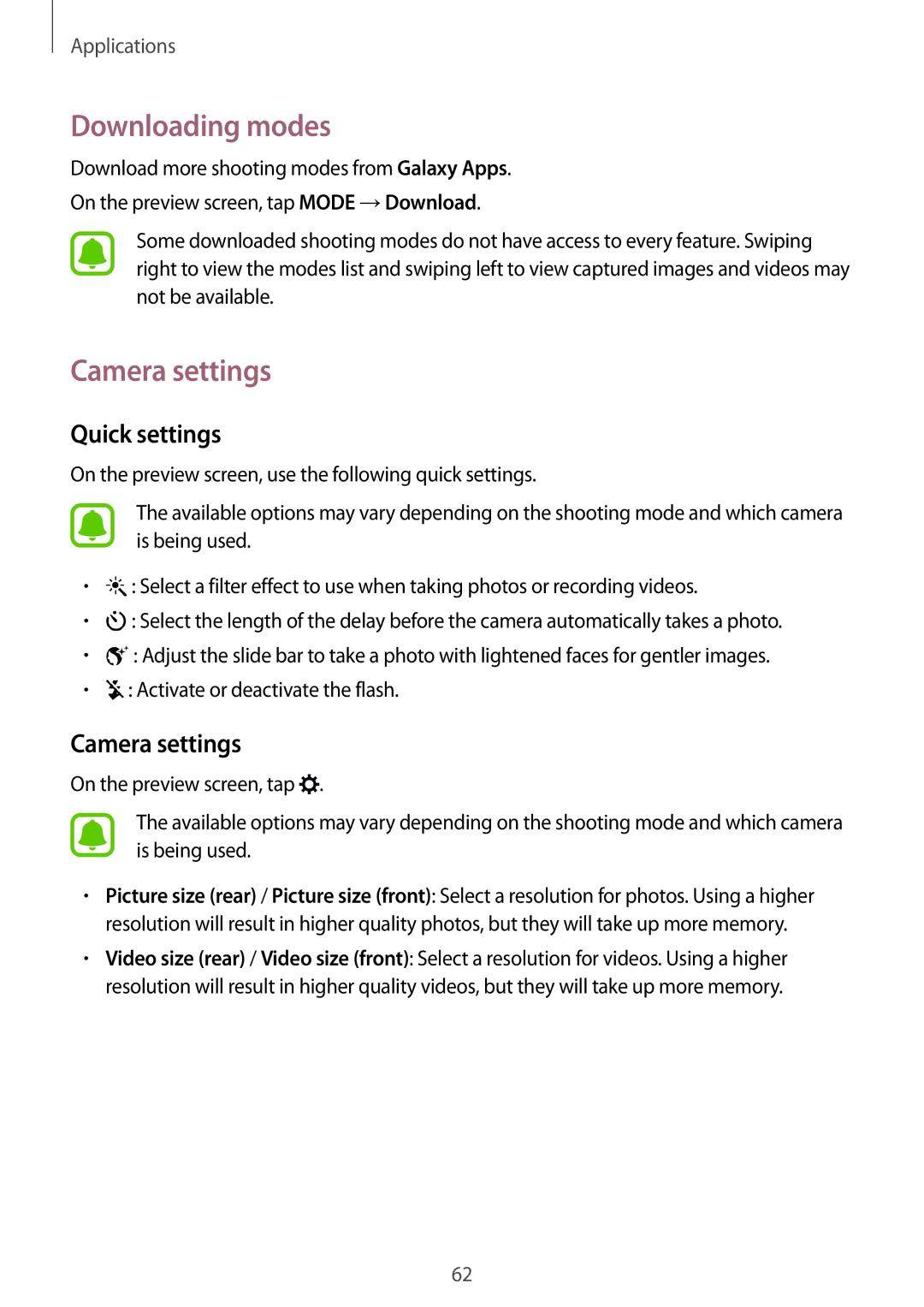 Samsung SM-A800FZWEXXV, SM-A800FZDEKSA, SM-A800FZDEXXV manual Downloading modes, Camera settings, Quick settings 