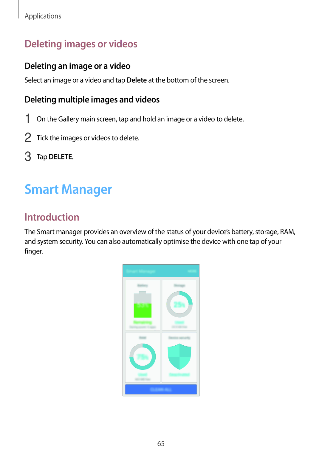 Samsung SM-A800FZWEXXV, SM-A800FZDEKSA Smart Manager, Deleting images or videos, Deleting an image or a video, Tap Delete 