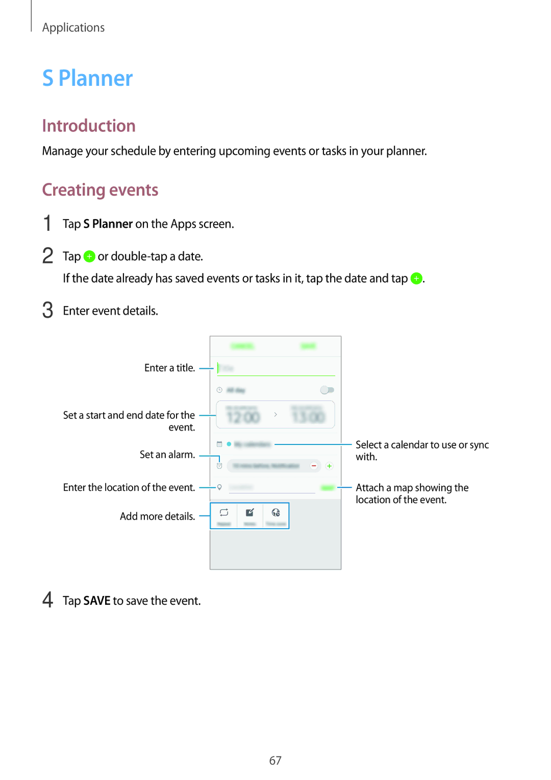 Samsung SM-A800FZDEXXV, SM-A800FZDEKSA, SM-A800FZWEXXV manual Planner, Creating events 