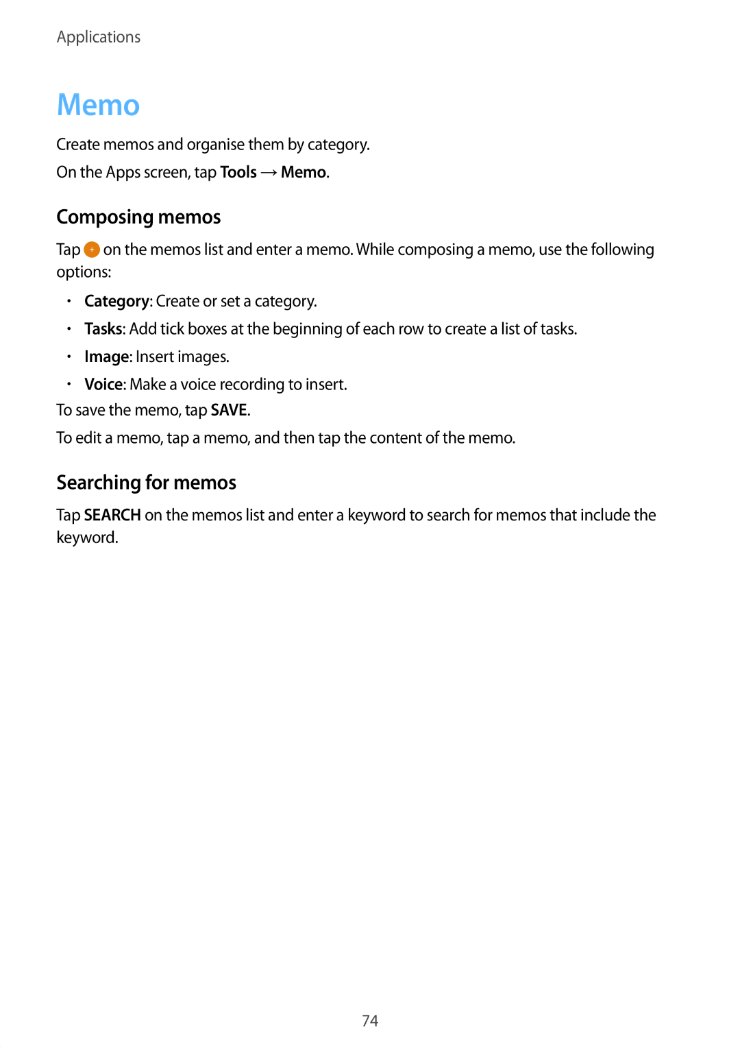 Samsung SM-A800FZWEXXV, SM-A800FZDEKSA, SM-A800FZDEXXV manual Memo, Composing memos, Searching for memos 