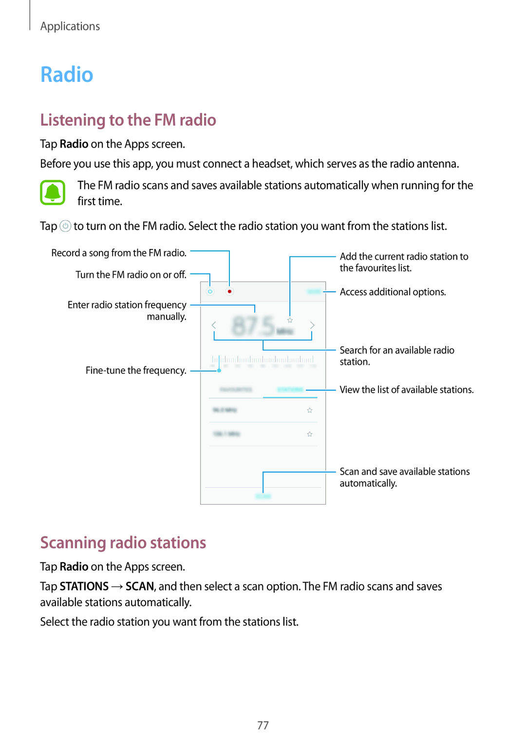 Samsung SM-A800FZWEXXV, SM-A800FZDEKSA, SM-A800FZDEXXV manual Radio, Listening to the FM radio, Scanning radio stations 