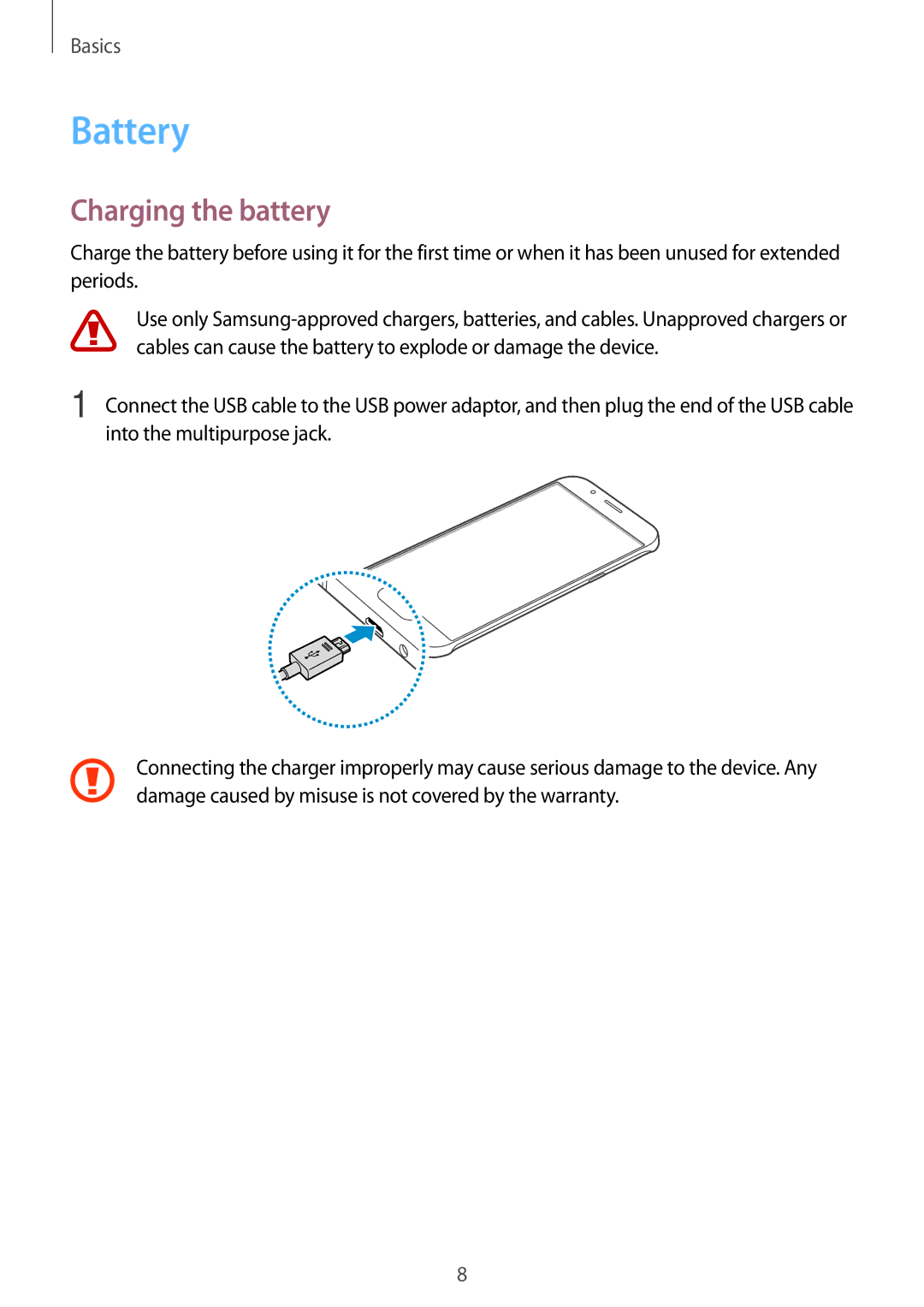 Samsung SM-A800FZWEXXV, SM-A800FZDEKSA, SM-A800FZDEXXV manual Battery, Charging the battery 