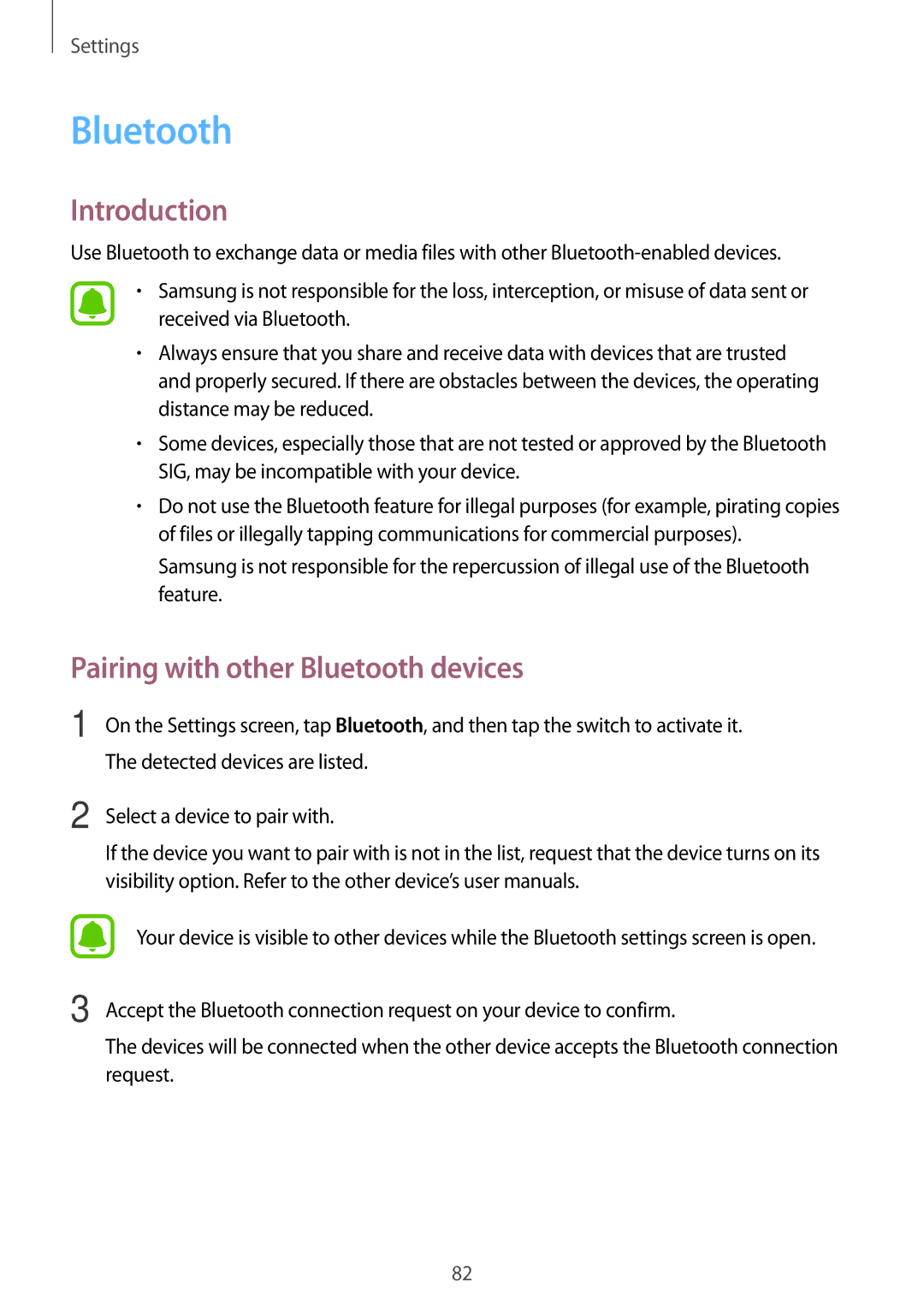 Samsung SM-A800FZDEXXV, SM-A800FZDEKSA, SM-A800FZWEXXV manual Pairing with other Bluetooth devices 