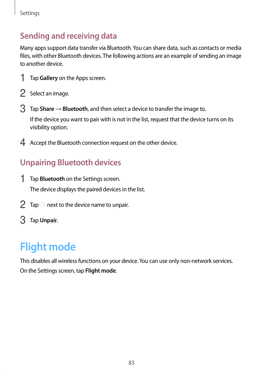 Samsung SM-A800FZWEXXV, SM-A800FZDEKSA Flight mode, Sending and receiving data, Unpairing Bluetooth devices, Tap Unpair 