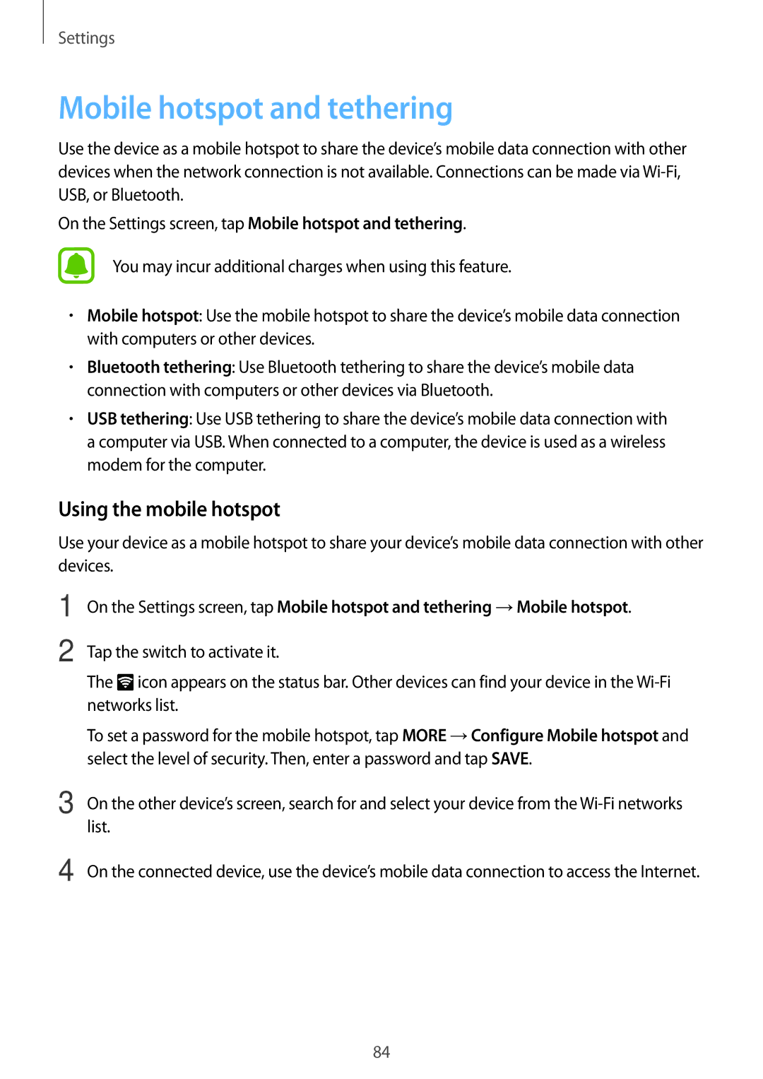 Samsung SM-A800FZDEKSA, SM-A800FZDEXXV, SM-A800FZWEXXV manual Mobile hotspot and tethering, Using the mobile hotspot 