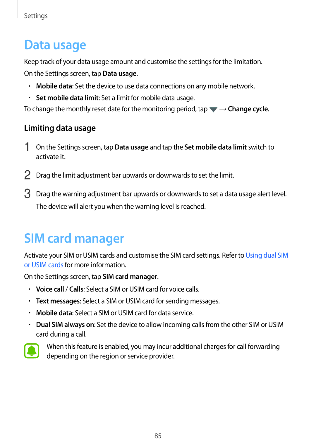 Samsung SM-A800FZDEXXV, SM-A800FZDEKSA, SM-A800FZWEXXV manual Data usage, SIM card manager, Limiting data usage 