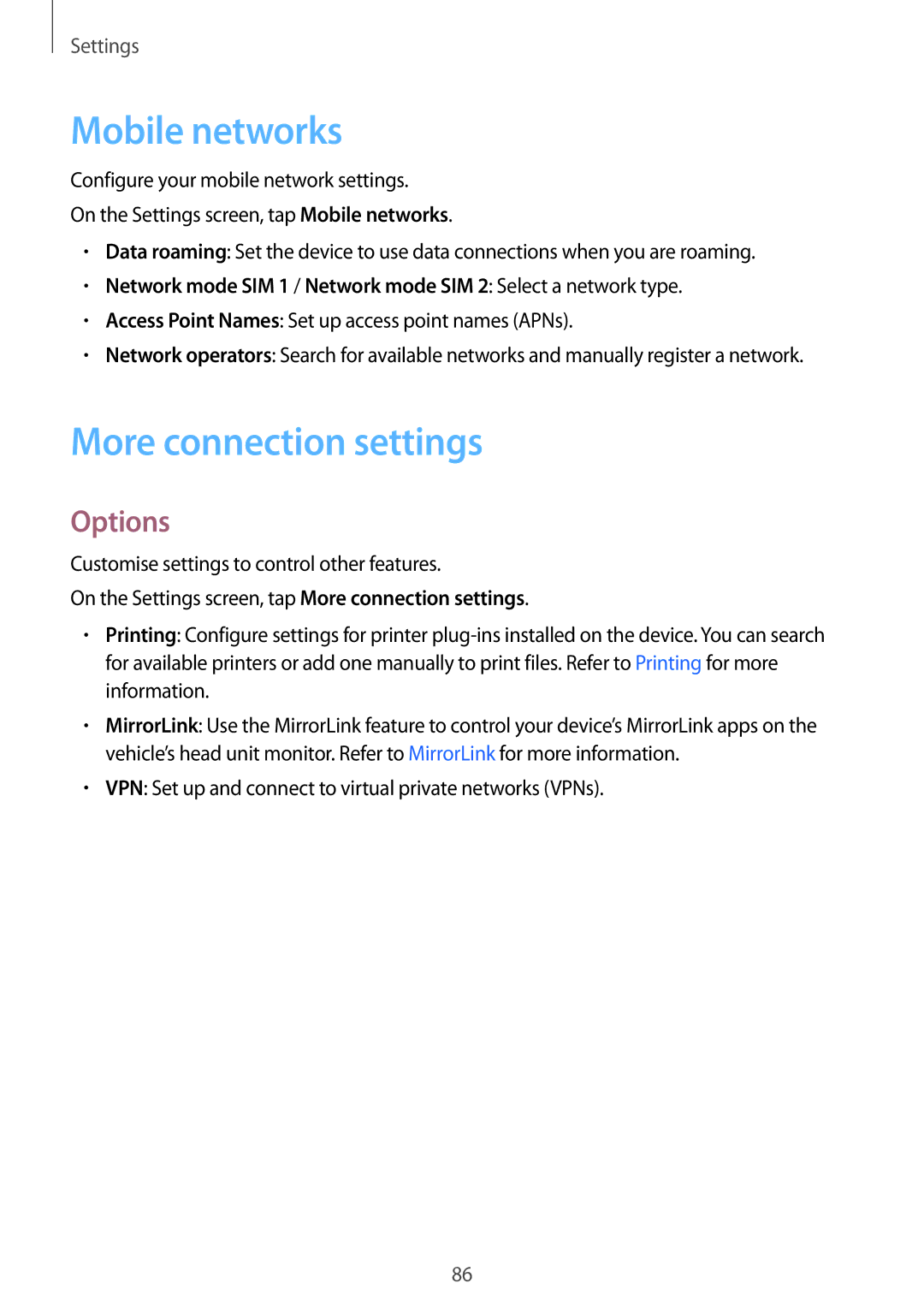 Samsung SM-A800FZWEXXV, SM-A800FZDEKSA, SM-A800FZDEXXV manual Mobile networks, More connection settings, Options 