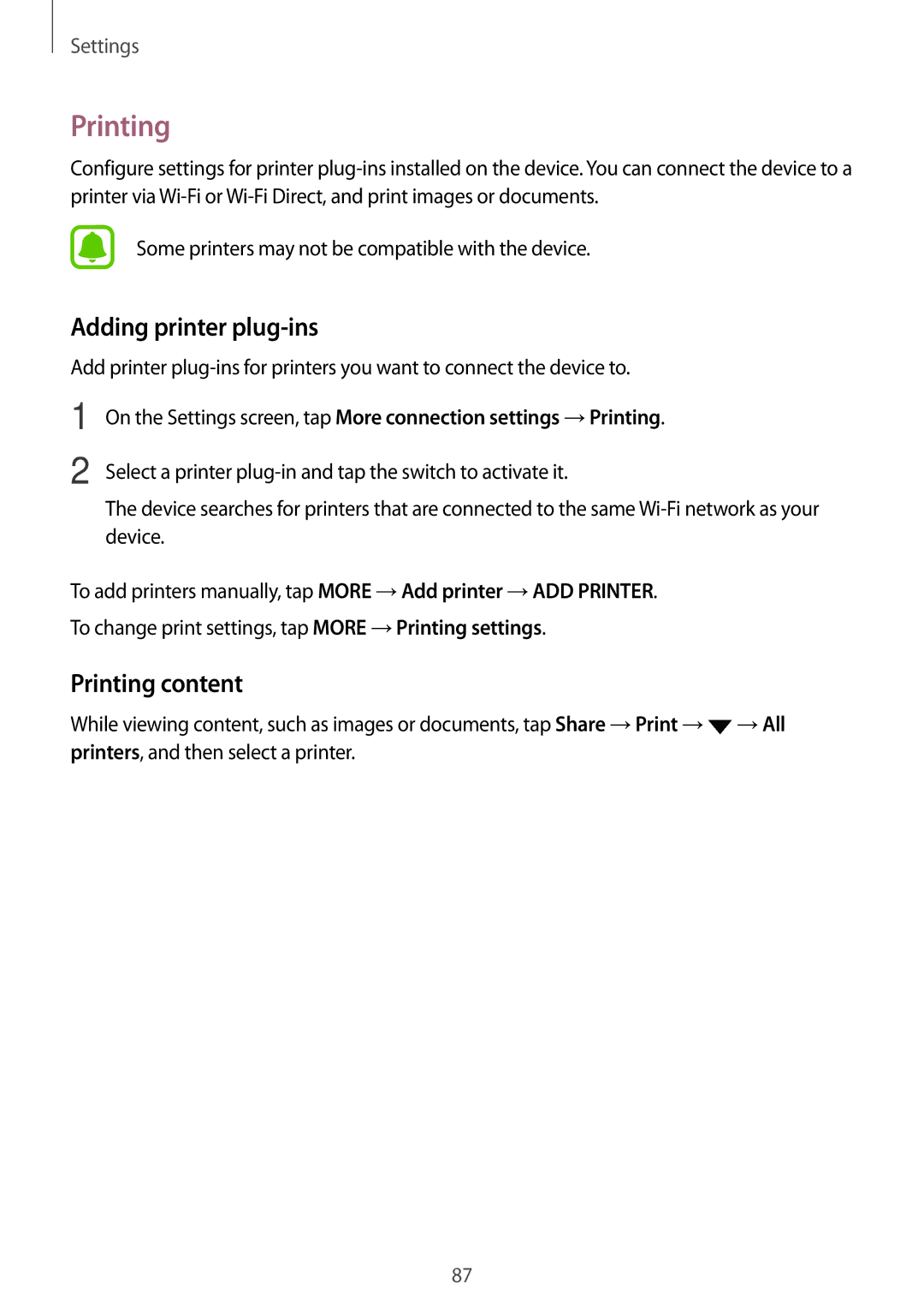 Samsung SM-A800FZDEKSA, SM-A800FZDEXXV, SM-A800FZWEXXV manual Adding printer plug-ins, Printing content 