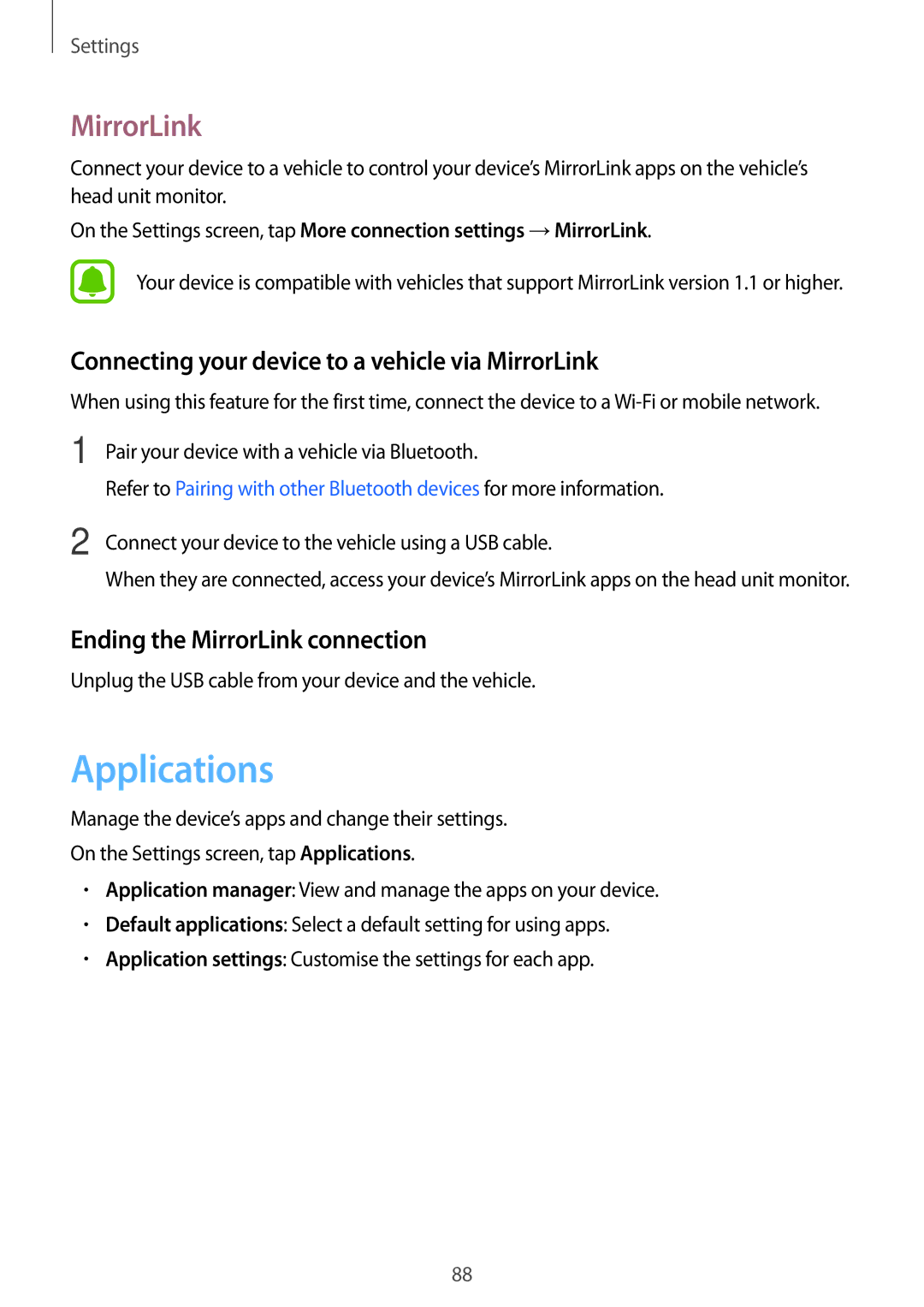 Samsung SM-A800FZDEXXV, SM-A800FZDEKSA, SM-A800FZWEXXV Applications, Connecting your device to a vehicle via MirrorLink 