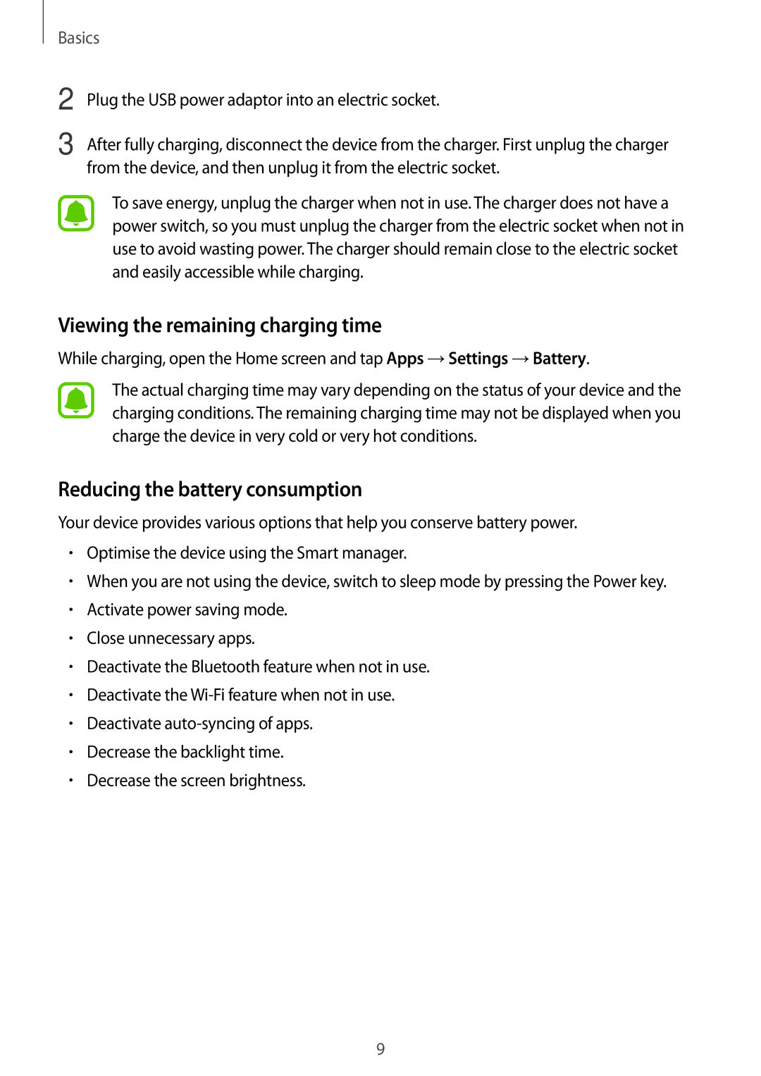 Samsung SM-A800FZDEKSA, SM-A800FZDEXXV manual Viewing the remaining charging time, Reducing the battery consumption 