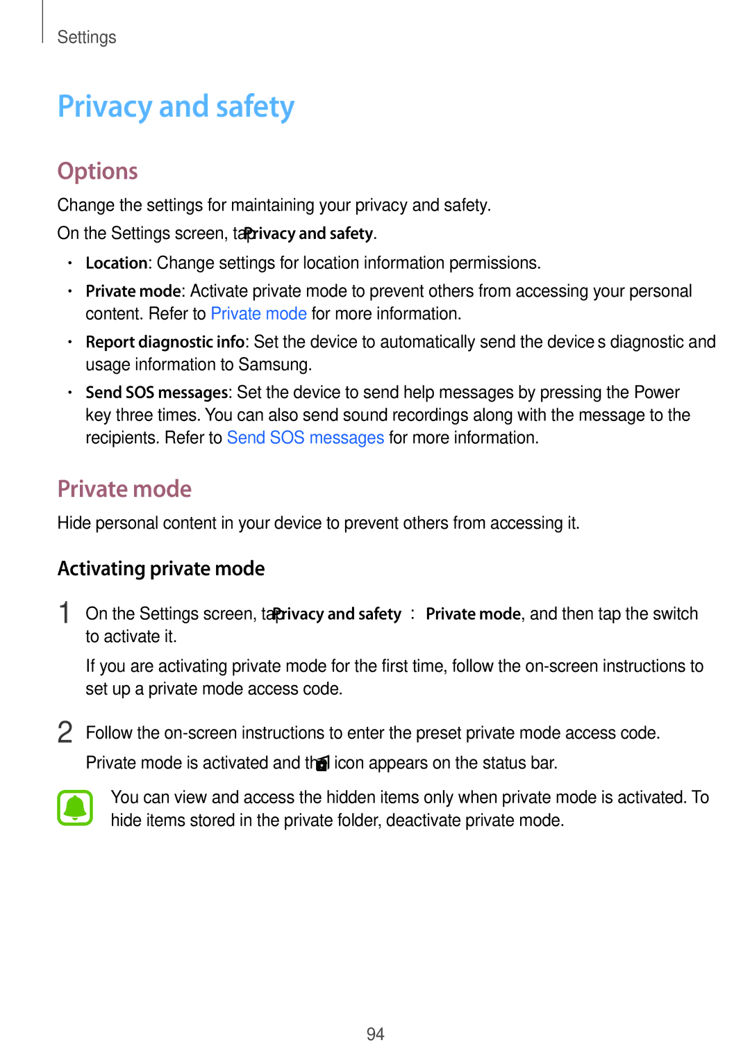 Samsung SM-A800FZDEXXV, SM-A800FZDEKSA, SM-A800FZWEXXV manual Privacy and safety, Private mode, Activating private mode 