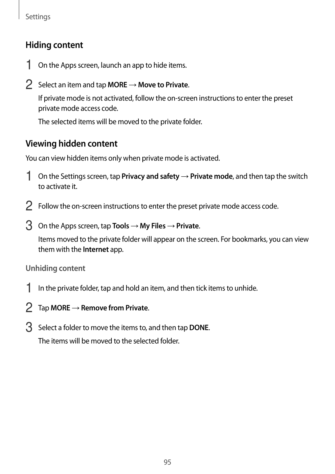 Samsung SM-A800FZWEXXV, SM-A800FZDEKSA manual Hiding content, Viewing hidden content, Tap More →Remove from Private 