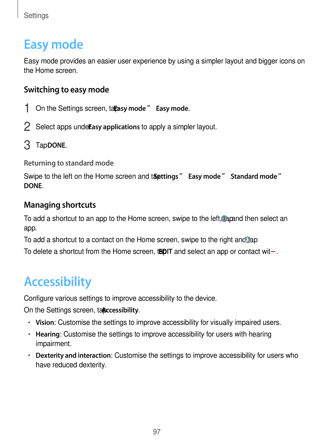 Samsung SM-A800FZDEXXV, SM-A800FZDEKSA, SM-A800FZWEXXV Easy mode, Accessibility, Switching to easy mode, Managing shortcuts 