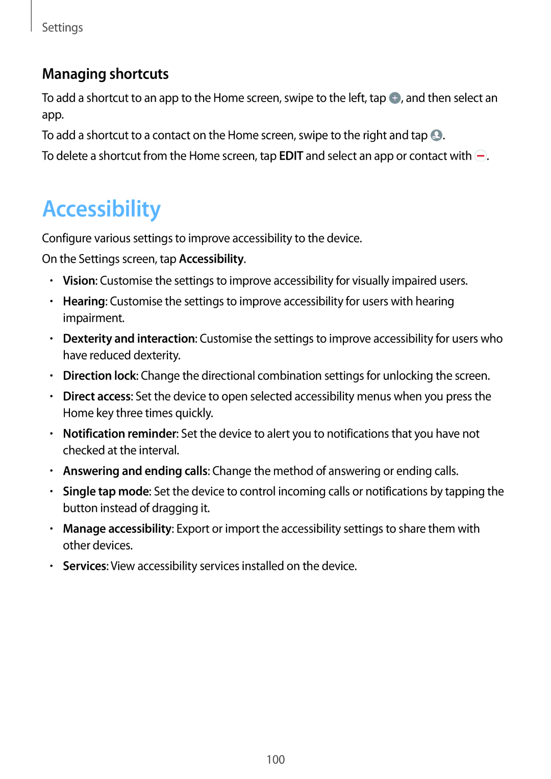 Samsung SM-A800FZDEXXV, SM-A800FZDEKSA, SM-A800FZWEXXV manual Accessibility, Managing shortcuts 