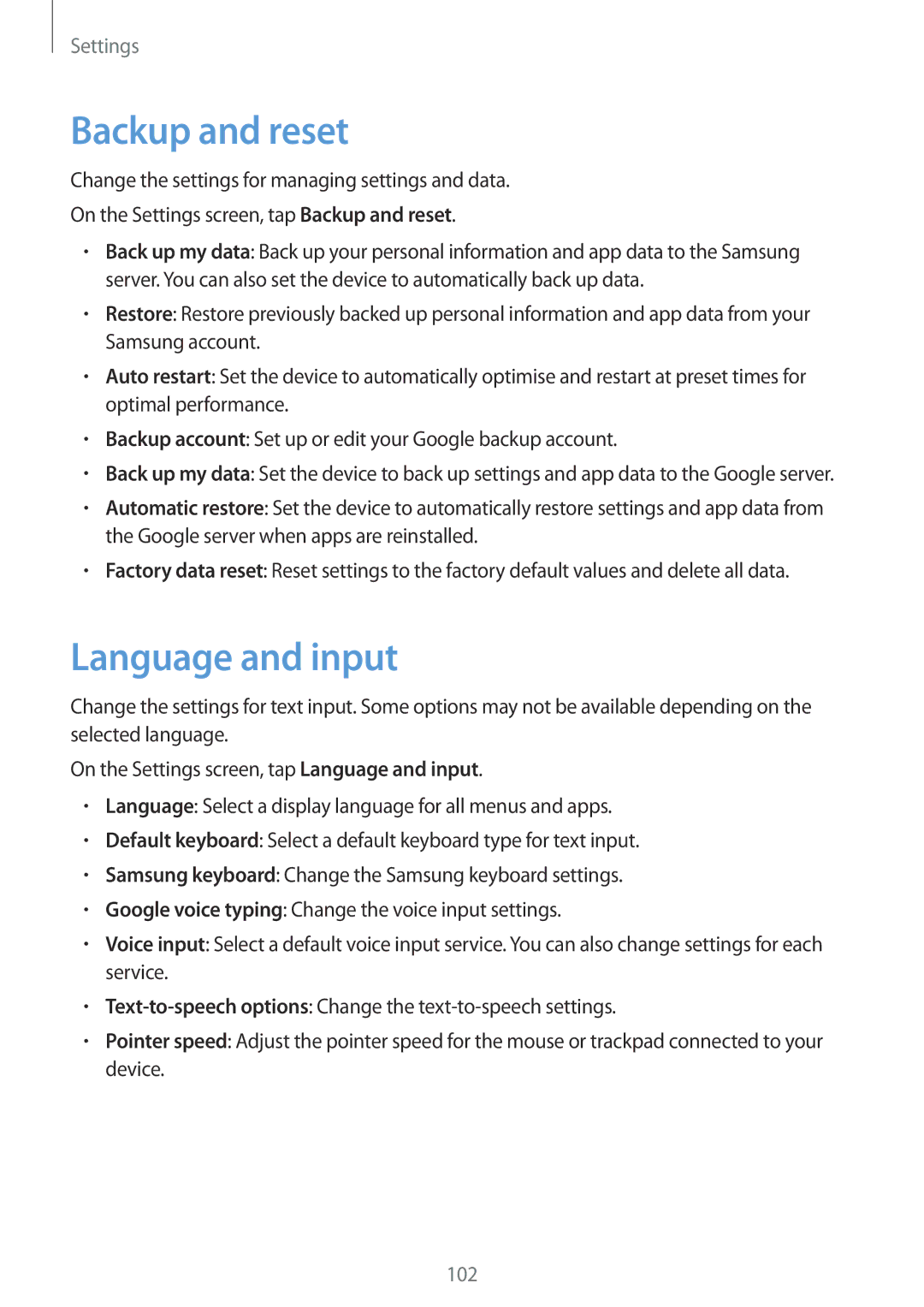 Samsung SM-A800FZDEKSA, SM-A800FZDEXXV, SM-A800FZWEXXV manual Backup and reset, Language and input 