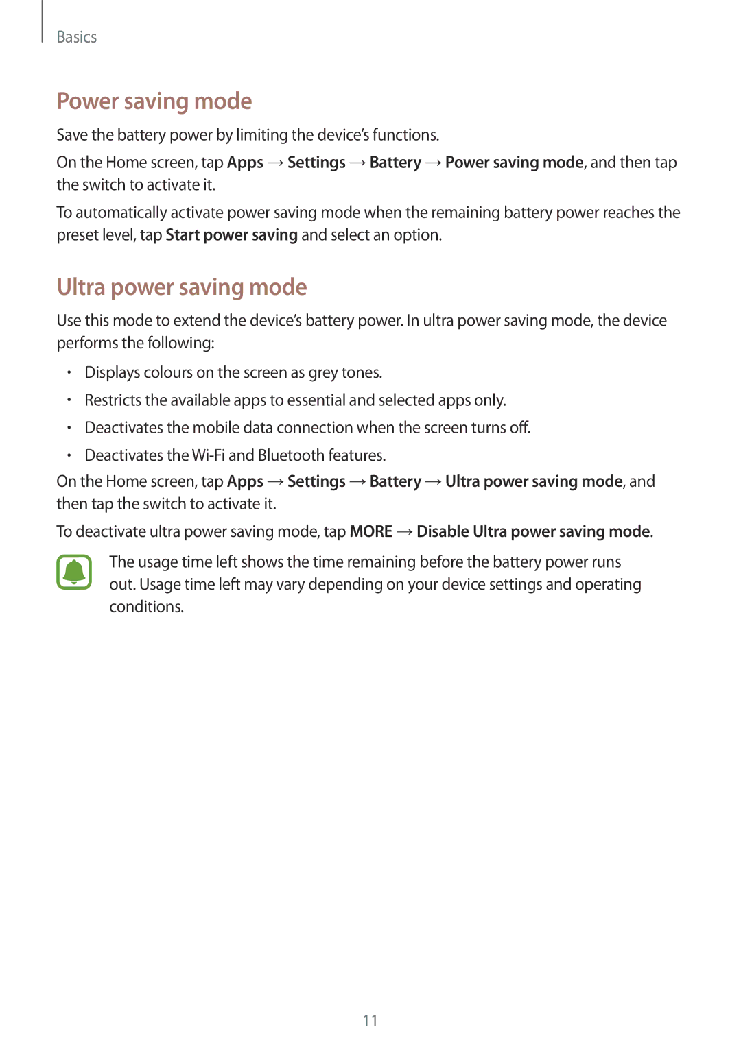 Samsung SM-A800FZWEXXV, SM-A800FZDEKSA, SM-A800FZDEXXV manual Power saving mode, Ultra power saving mode 